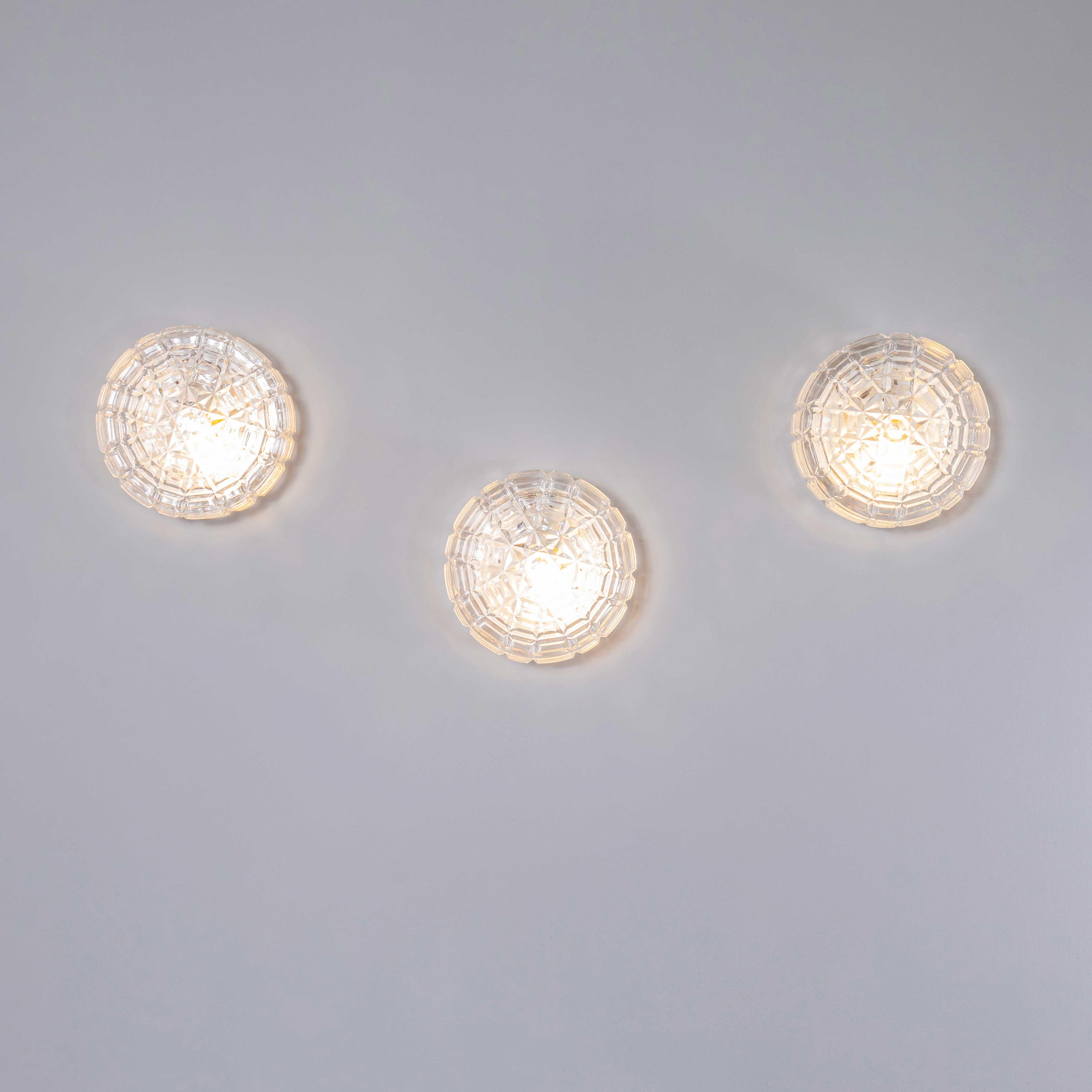 1950’s New Old Stock Czech Faceted Wall – Ceiling Lamp. Each lamp has been cleaned and restored. Each lamp is individually wired with new cable and cable connectors to BS EN 60598. The lamp is fitted with a standard E27 threaded lamp holder for