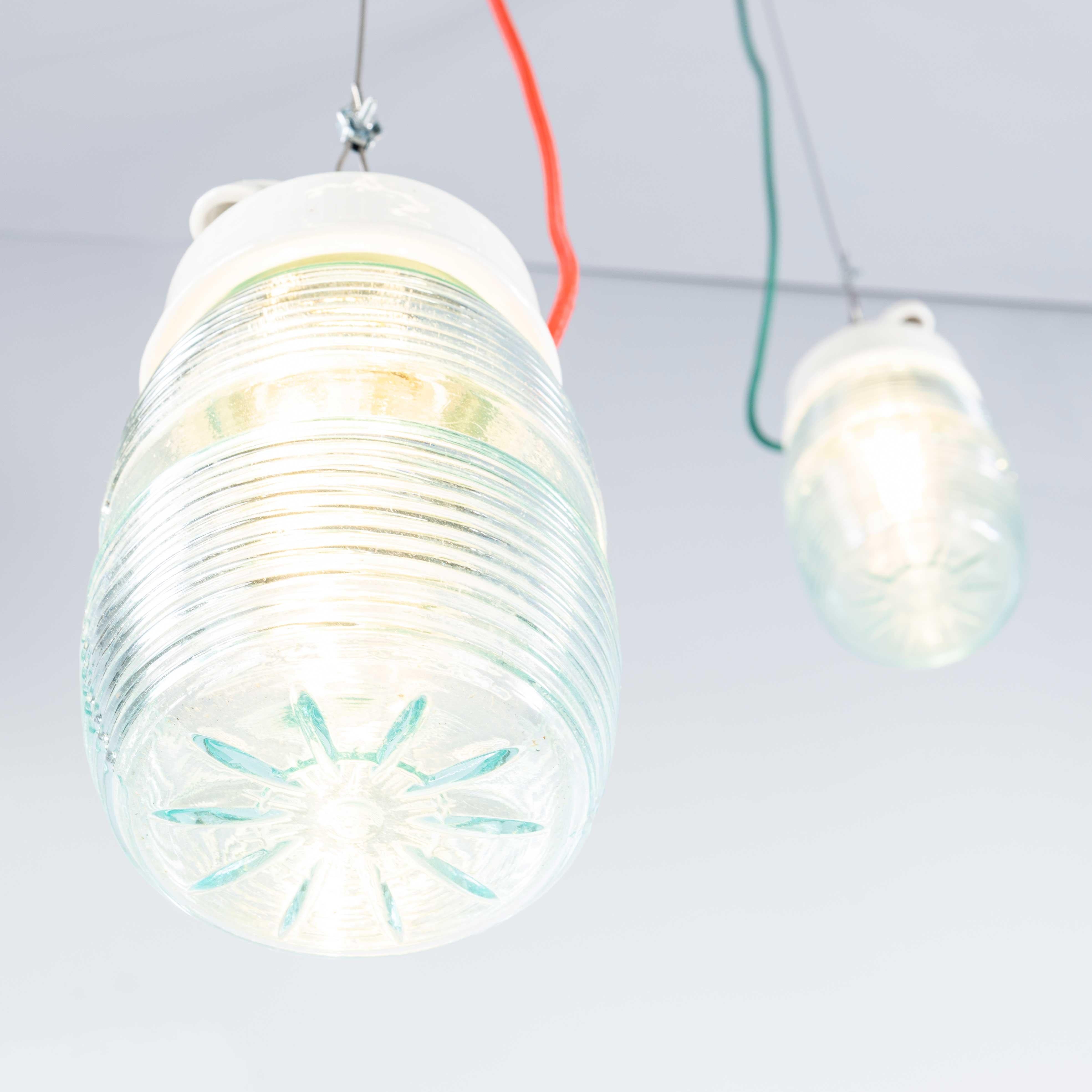 1950's New Old Stock Ribbed Glass Cylinder Pendant Lamps For Sale 5