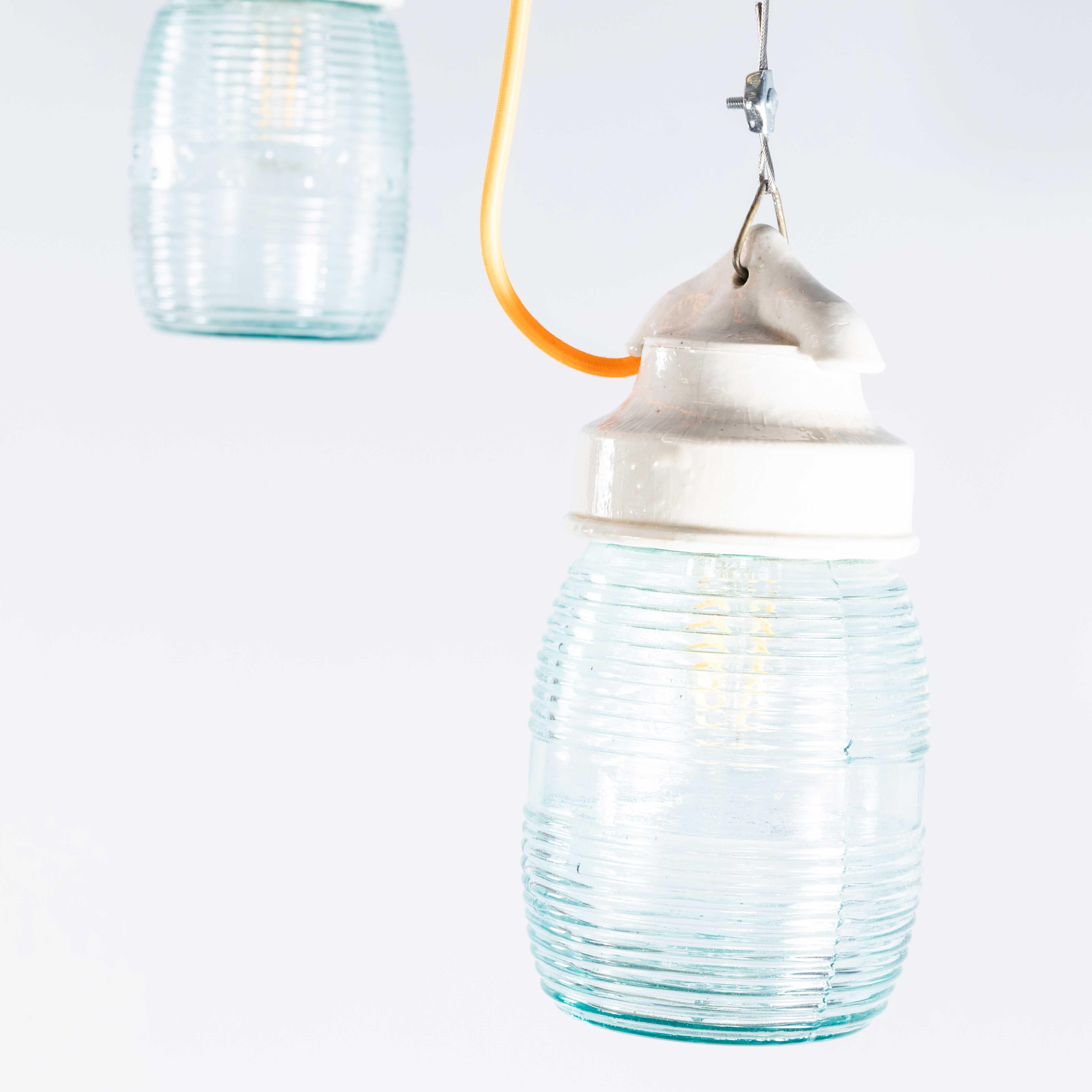 1950's New Old Stock Ribbed Glass Cylinder Pendant Lamps For Sale 8