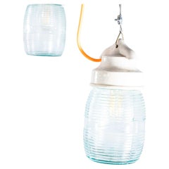 1950's New Old Stock Ribbed Glass Cylinder Pendant Lamps
