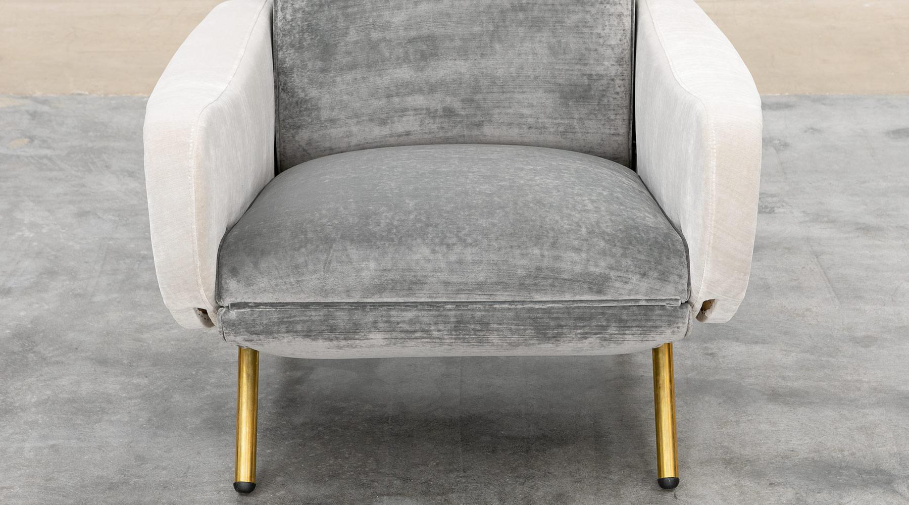 1950s New Upholstery in Grey, Brass Legs, Pair of Lounge Chairs by Marco Zanuso 5