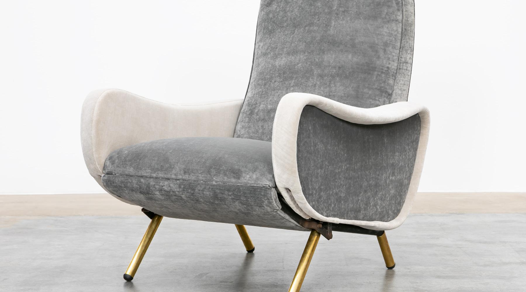 1950s New Upholstery in Grey, Brass Legs, Pair of Lounge Chairs by Marco Zanuso 7