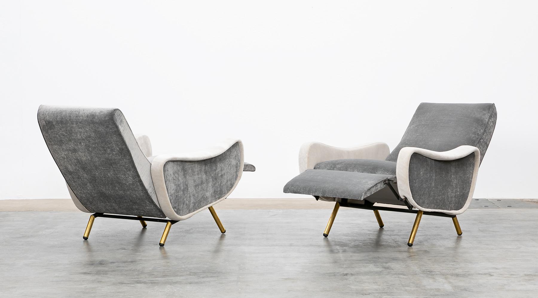 Mid-Century Modern 1950s New Upholstery in Grey, Brass Legs, Pair of Lounge Chairs by Marco Zanuso
