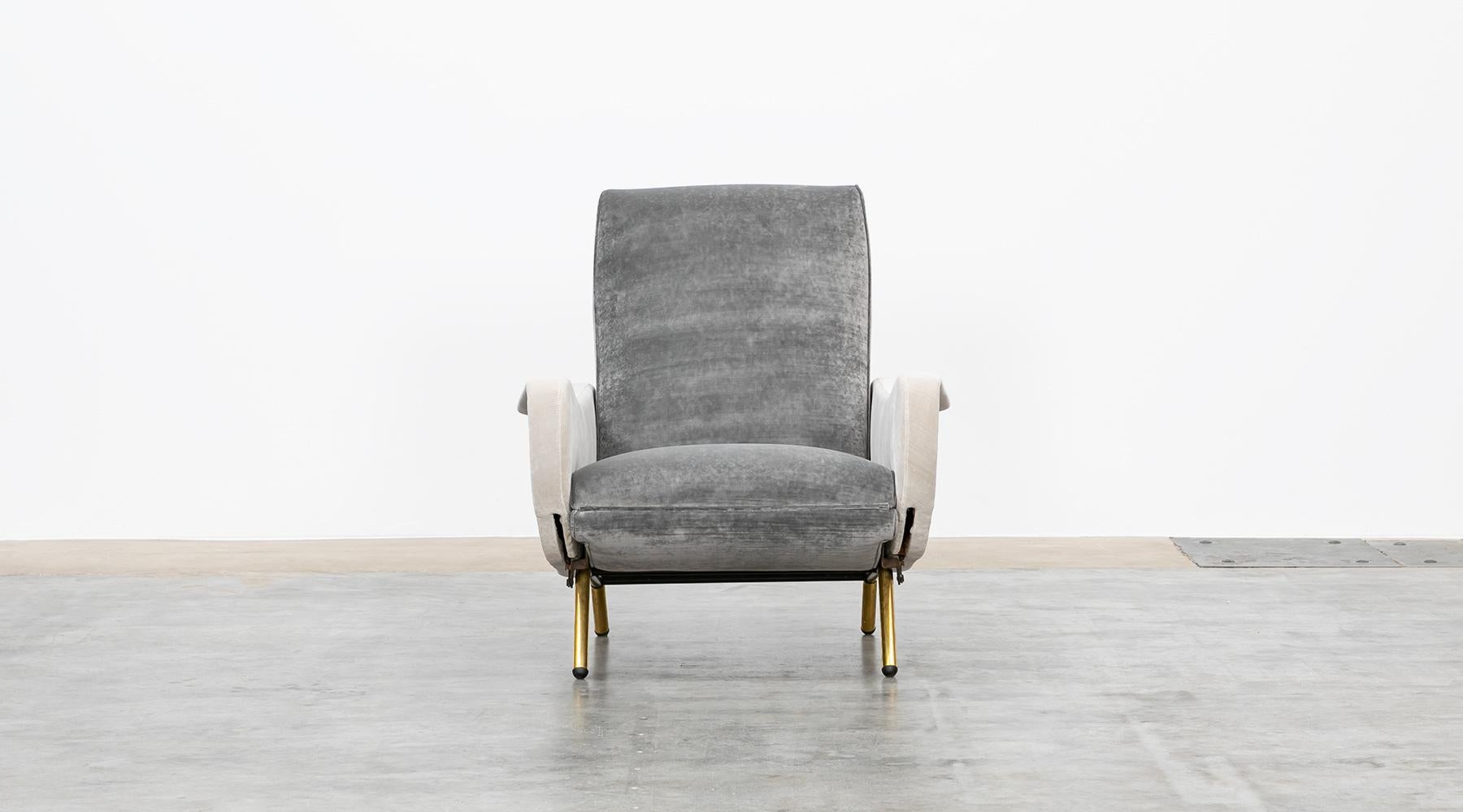 Italian 1950s New Upholstery in Grey, Brass Legs, Pair of Lounge Chairs by Marco Zanuso