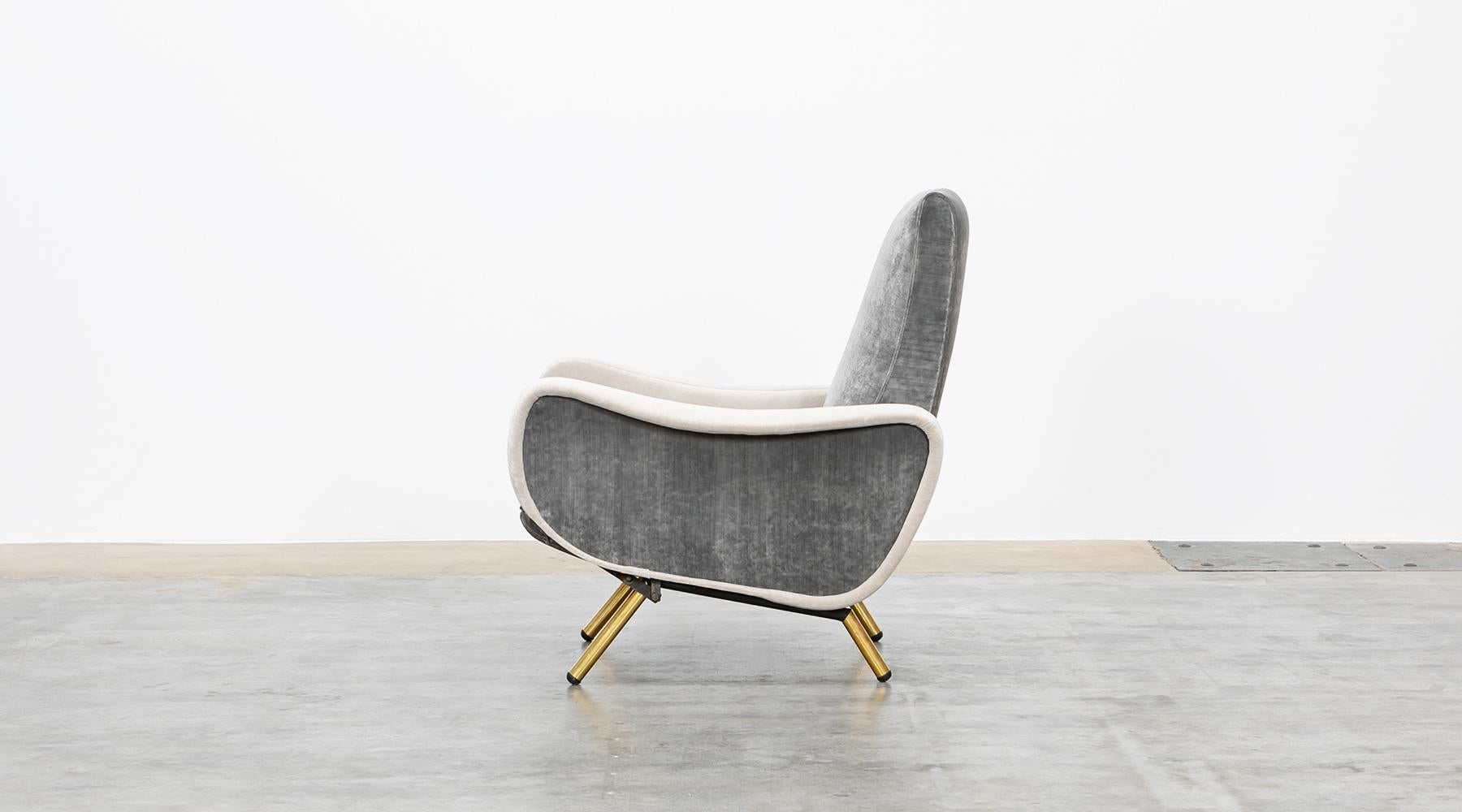 Fabric 1950s New Upholstery in Grey, Brass Legs, Pair of Lounge Chairs by Marco Zanuso