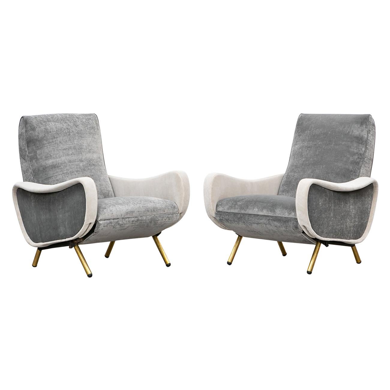 1950s New Upholstery in Grey, Brass Legs, Pair of Lounge Chairs by