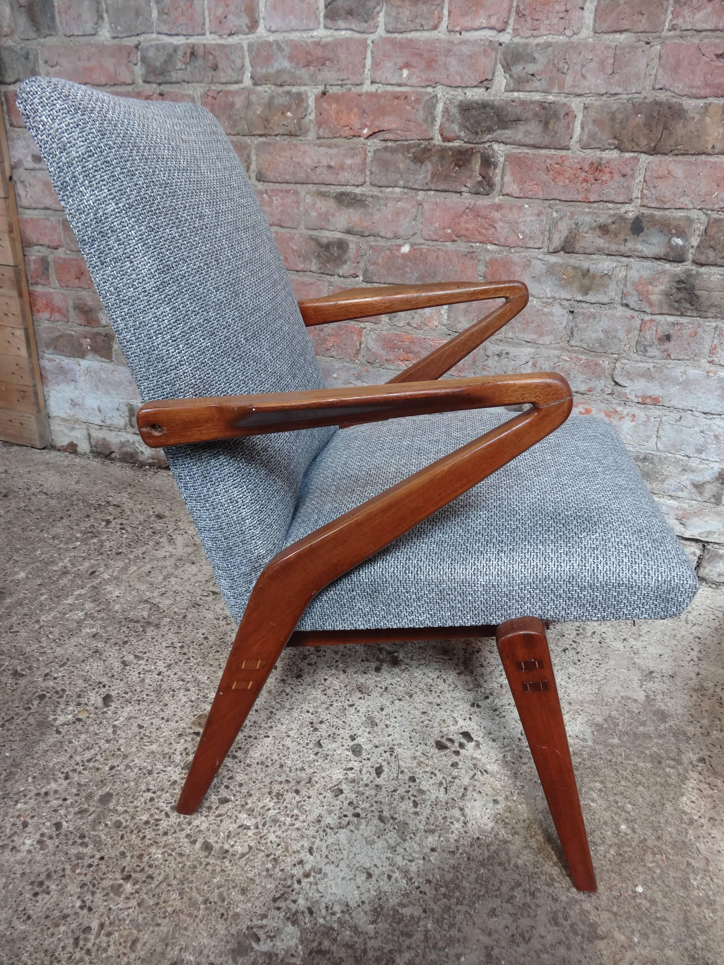 1950s Newly Upholstered Grey Fabric Retro Vintage Teak Armchair For Sale 4