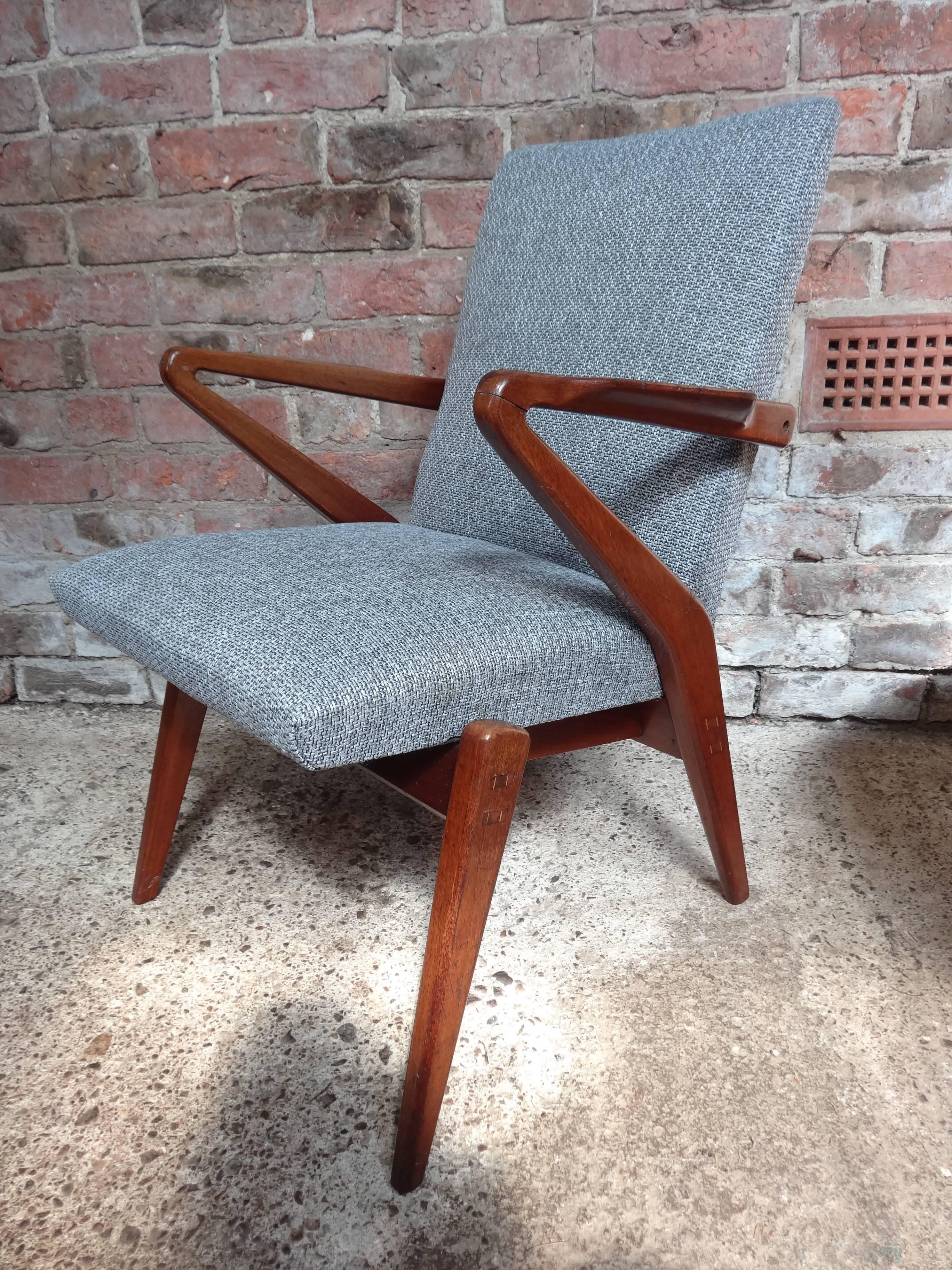 Mid-Century Modern 1950s Newly Upholstered Grey Fabric Retro Vintage Teak Armchair For Sale