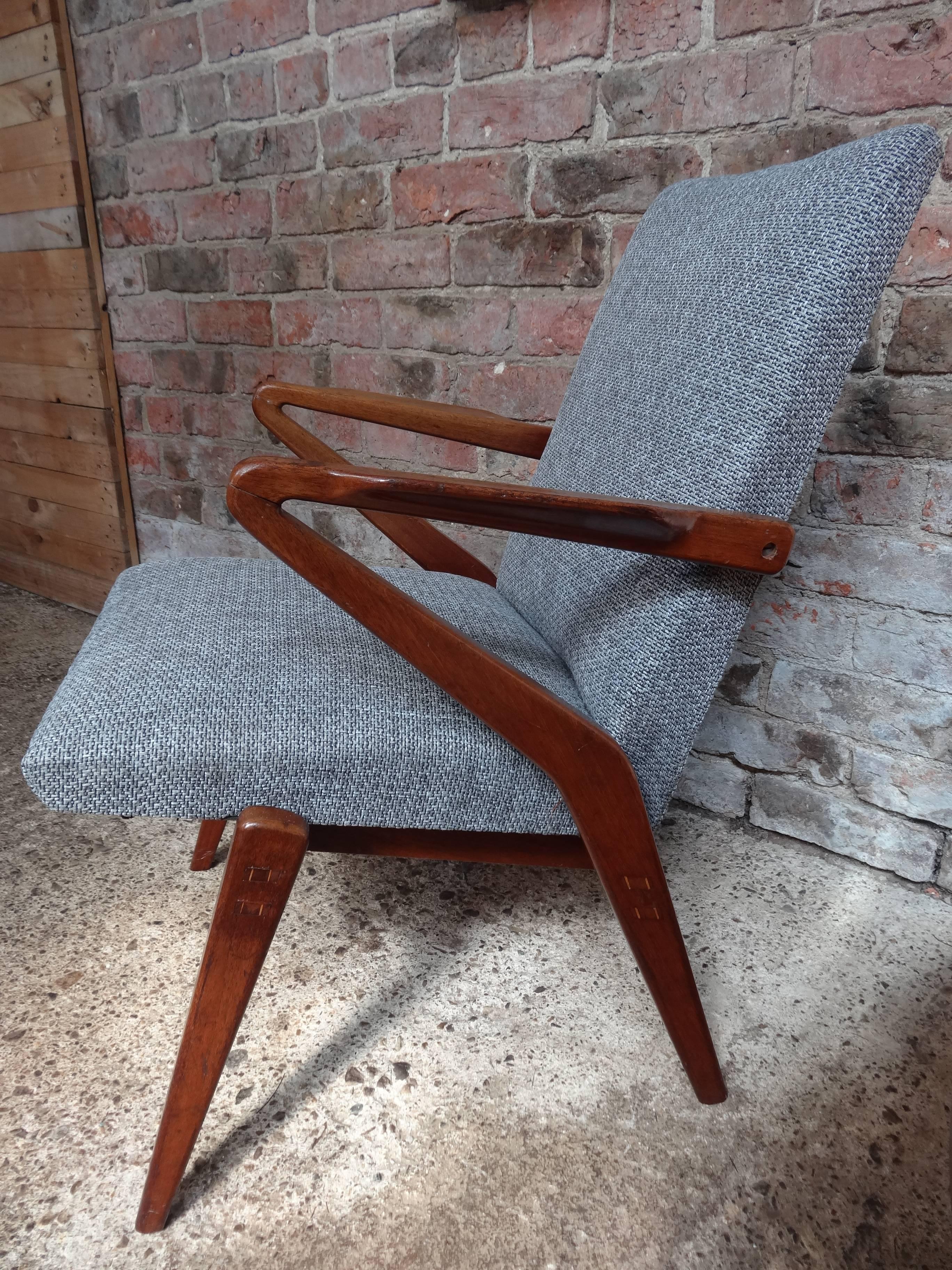 British 1950s Newly Upholstered Grey Fabric Retro Vintage Teak Armchair For Sale