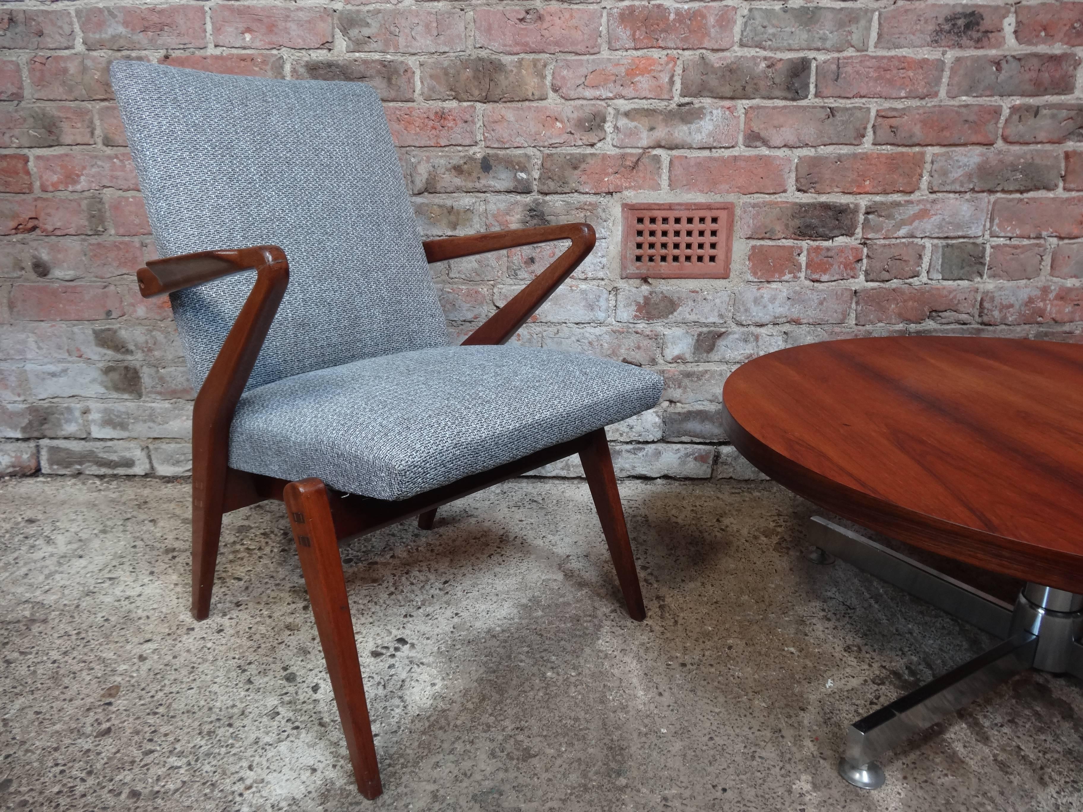 1950s Newly Upholstered Grey Fabric Retro Vintage Teak Armchair In Good Condition For Sale In Markington, GB
