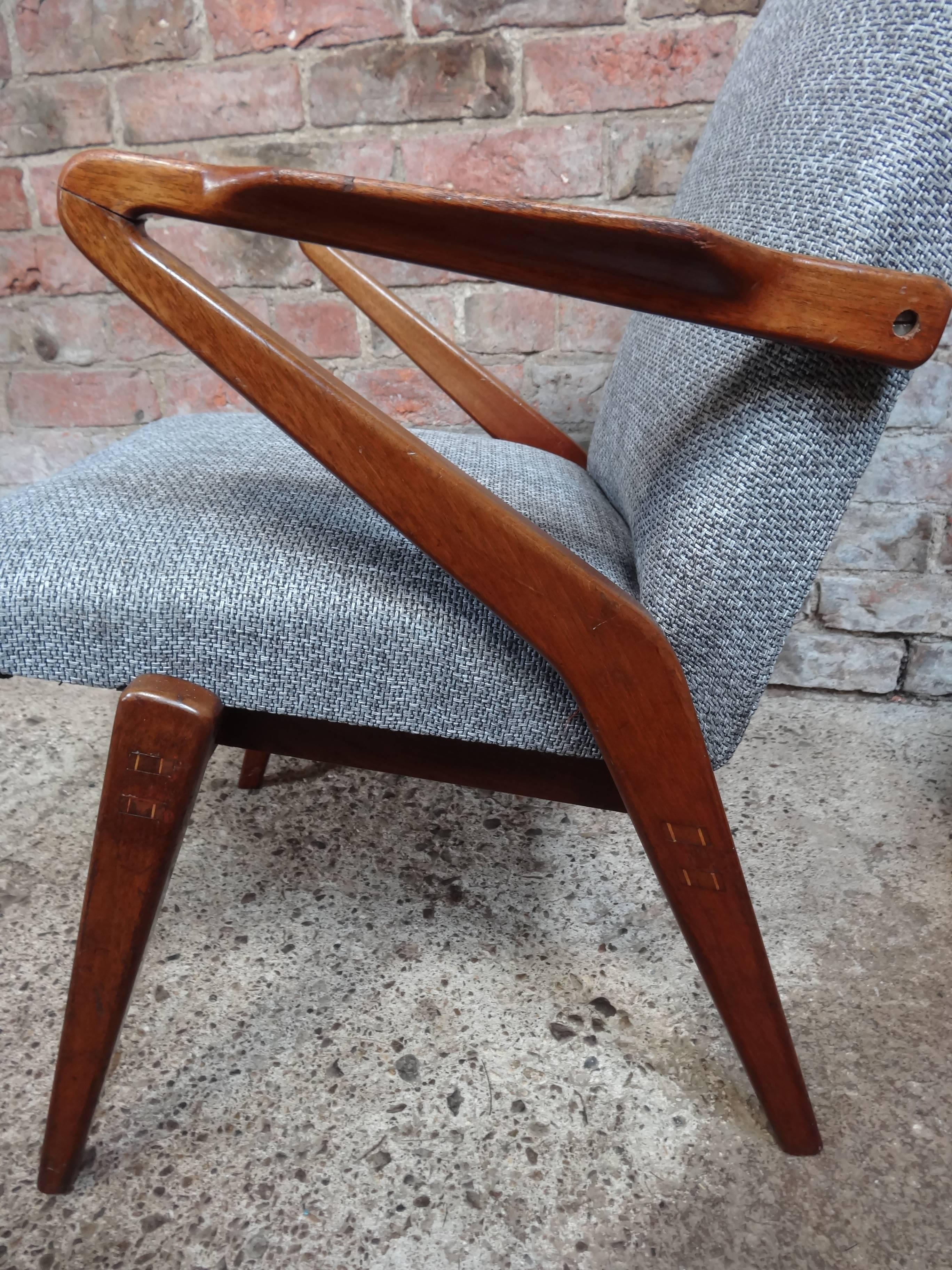 20th Century 1950s Newly Upholstered Grey Fabric Retro Vintage Teak Armchair For Sale