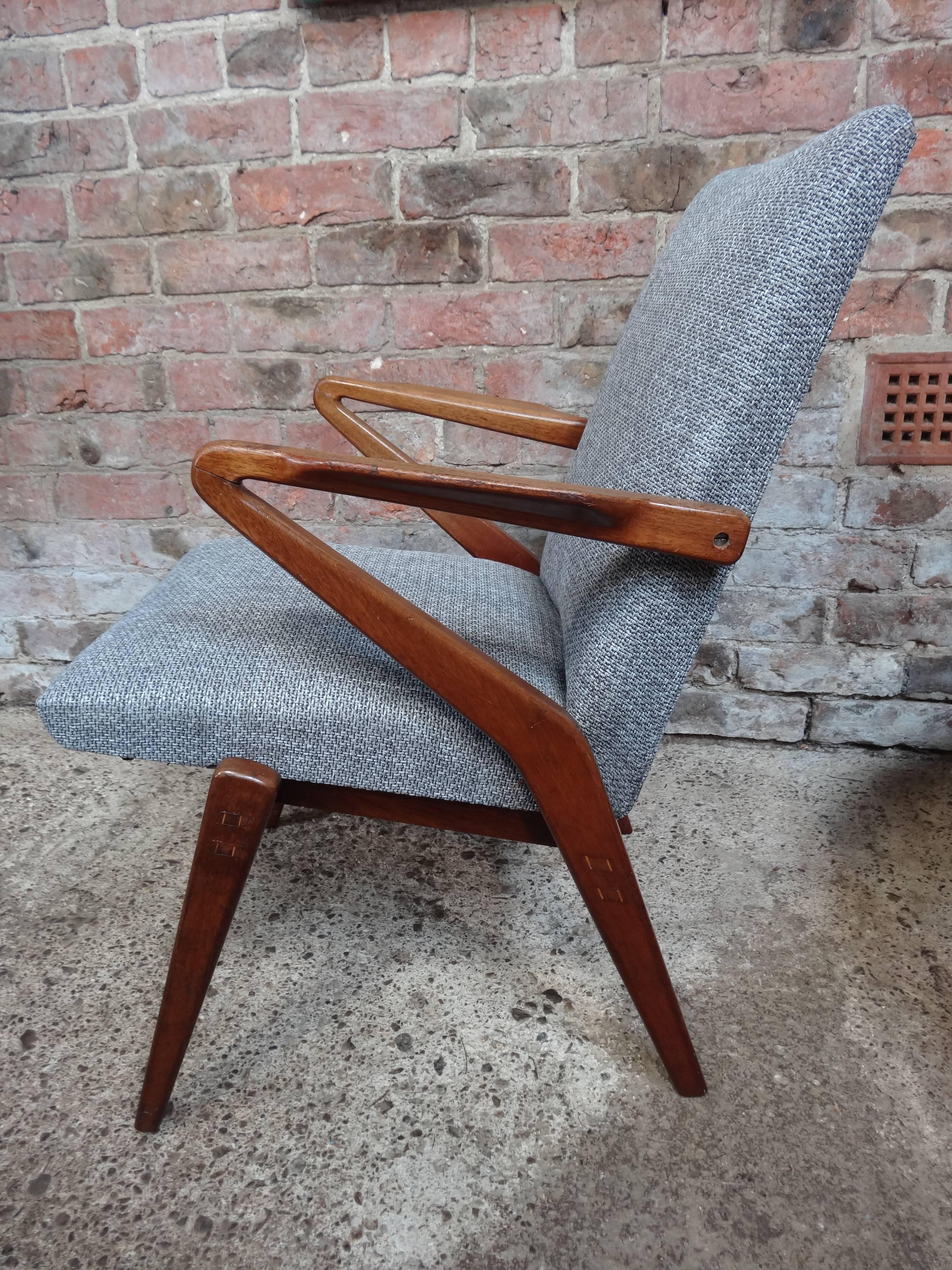 1950s Newly Upholstered Grey Fabric Retro Vintage Teak Armchair For Sale 1