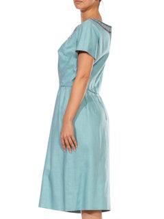 1950S NICHOLAS UNGAR Light Blue Linen White & Red Beaded Embroidered Dress