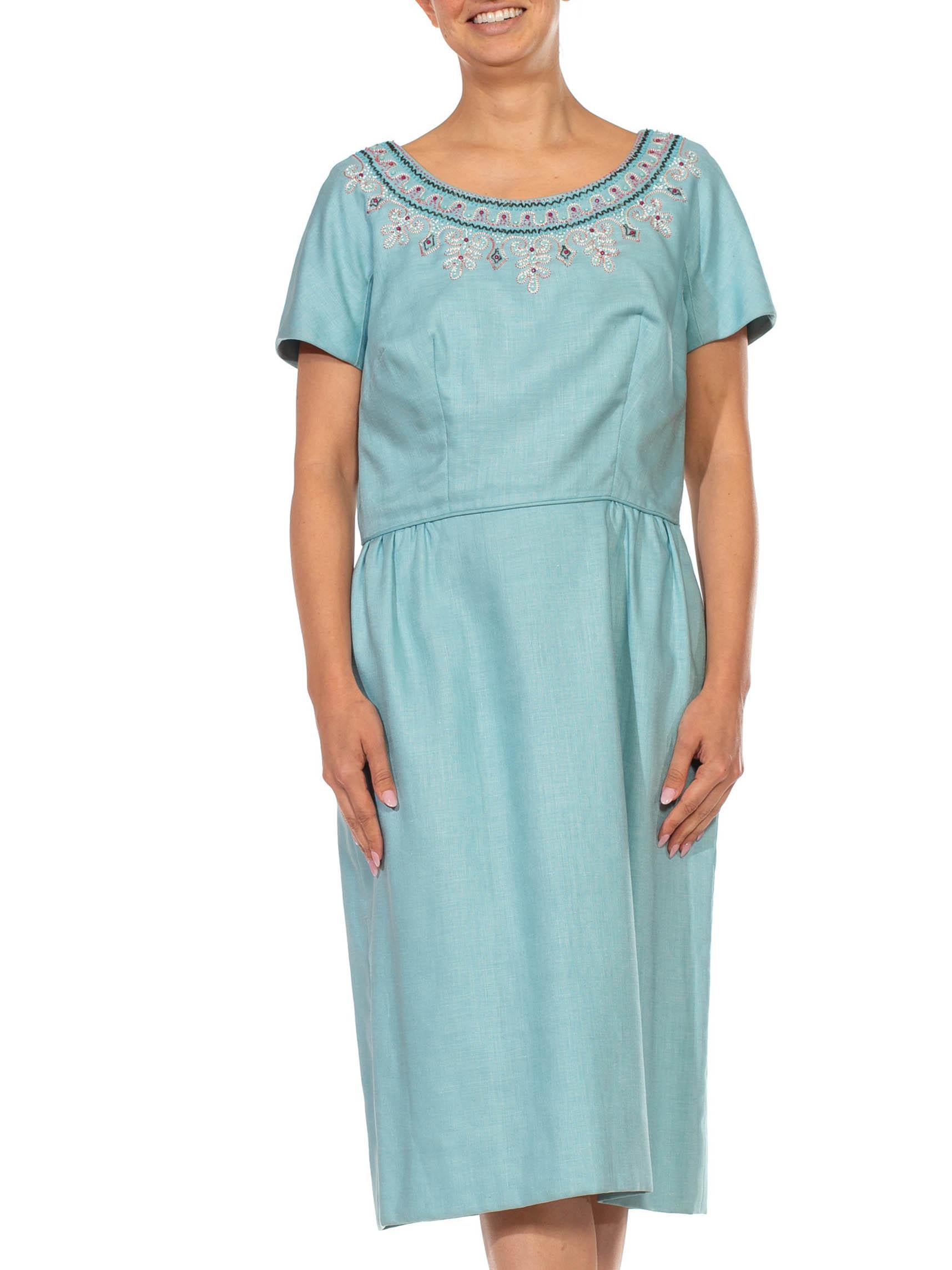 1950S NICHOLAS UNGAR Light Blue Linen White & Red Beaded Embroidered Dress In Good Condition For Sale In New York, NY