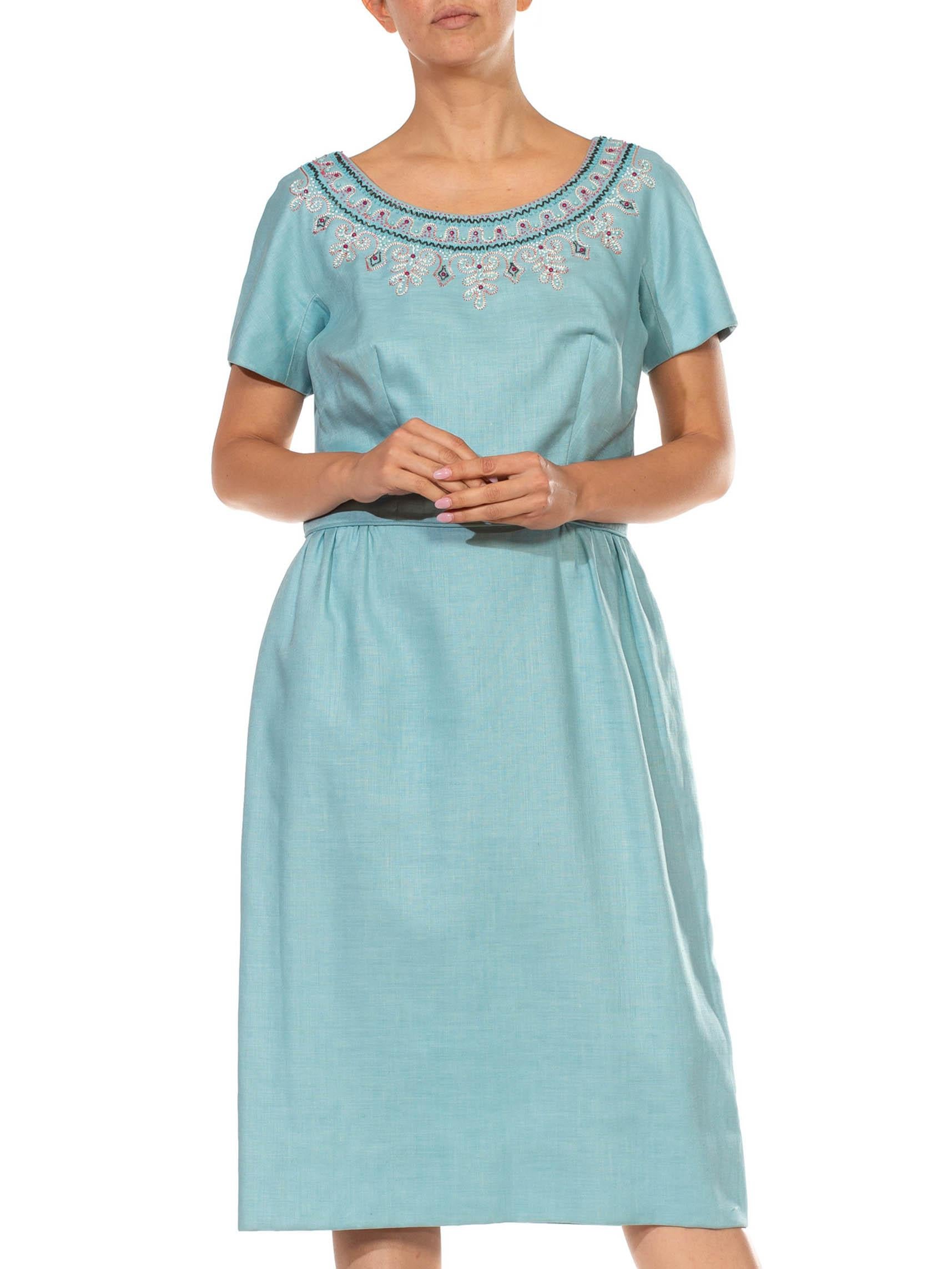 1950S NICHOLAS UNGAR Light Blue Linen White & Red Beaded Embroidered Dress For Sale 3