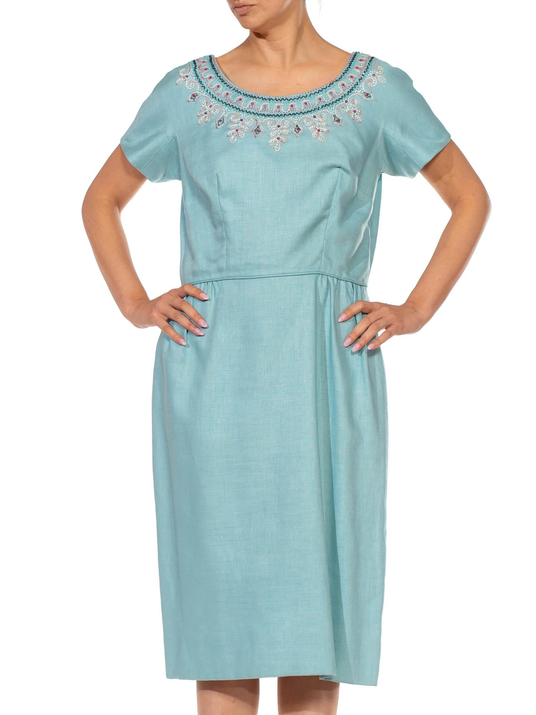 1950S NICHOLAS UNGAR Light Blue Linen White & Red Beaded Embroidered Dress For Sale 4