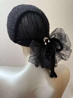 1950s Nicholas Ungar Soignee Black Tulle Ruched Evening Hat w Low Bow at Back