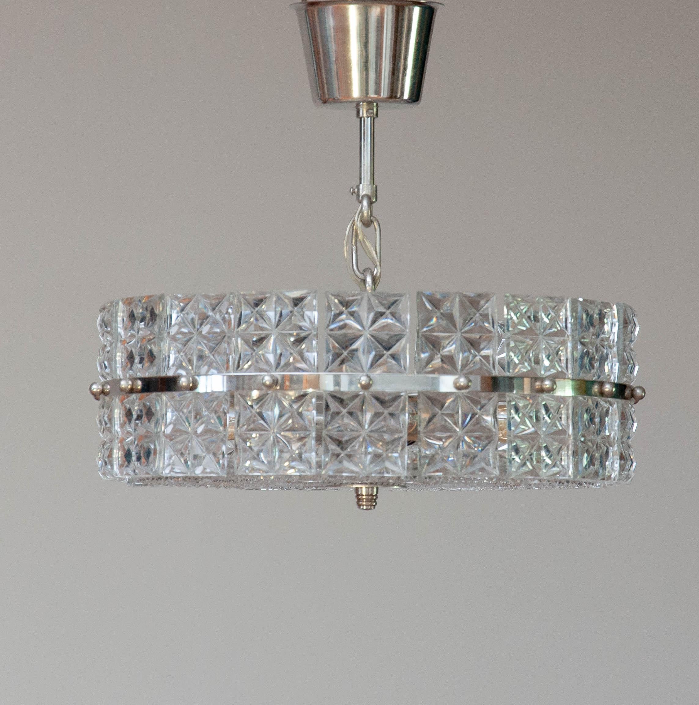 Mid-Century Modern 1950's Nickel and Clear Faceted Crystal Pendant / Flush Mount by Kinkeldey For Sale