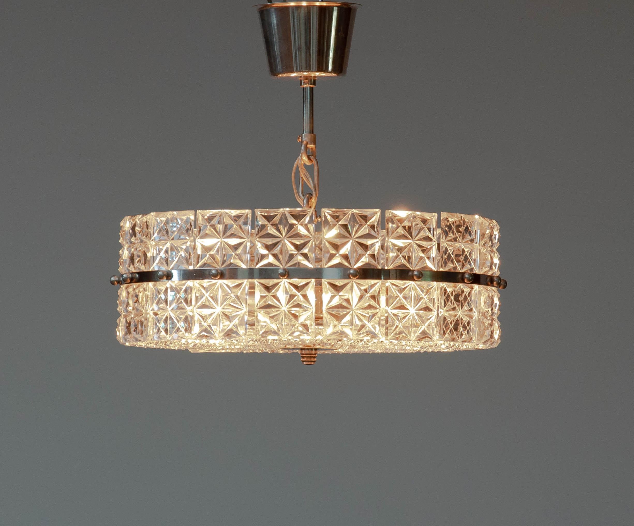 German 1950's Nickel and Clear Faceted Crystal Pendant / Flush Mount by Kinkeldey For Sale