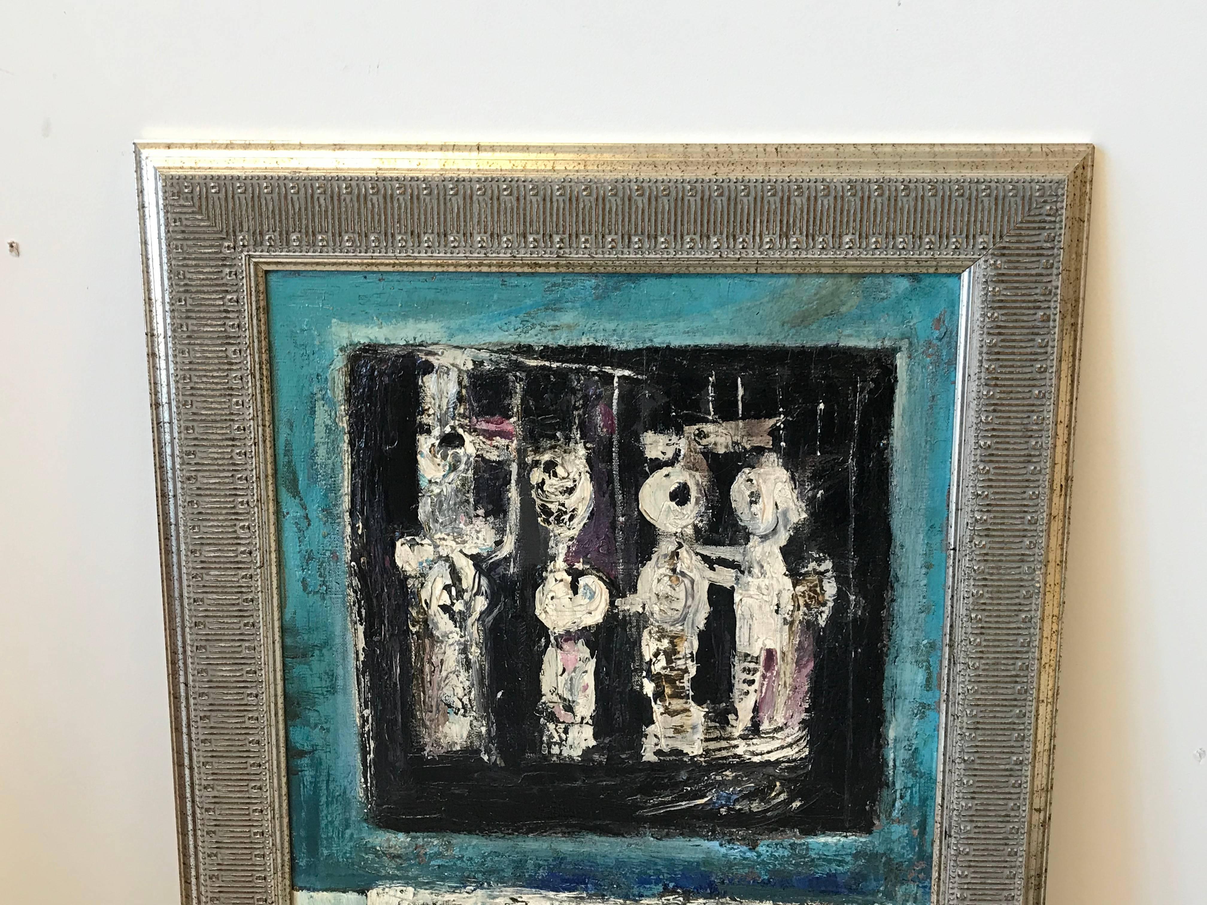 Listed is a stunning and rare, 1950s original Nickolas Takis abstract oil painting. The piece has beautiful shades of blues, white, and black. Signed on bottom left, see photo 5. Newly framed in a modern, brutalist silver finished carved wood frame.