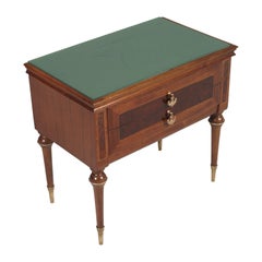 1950s Nightstands, Walnut Bicolor, Burl & Maple Inlaid Golden Brass Accessories