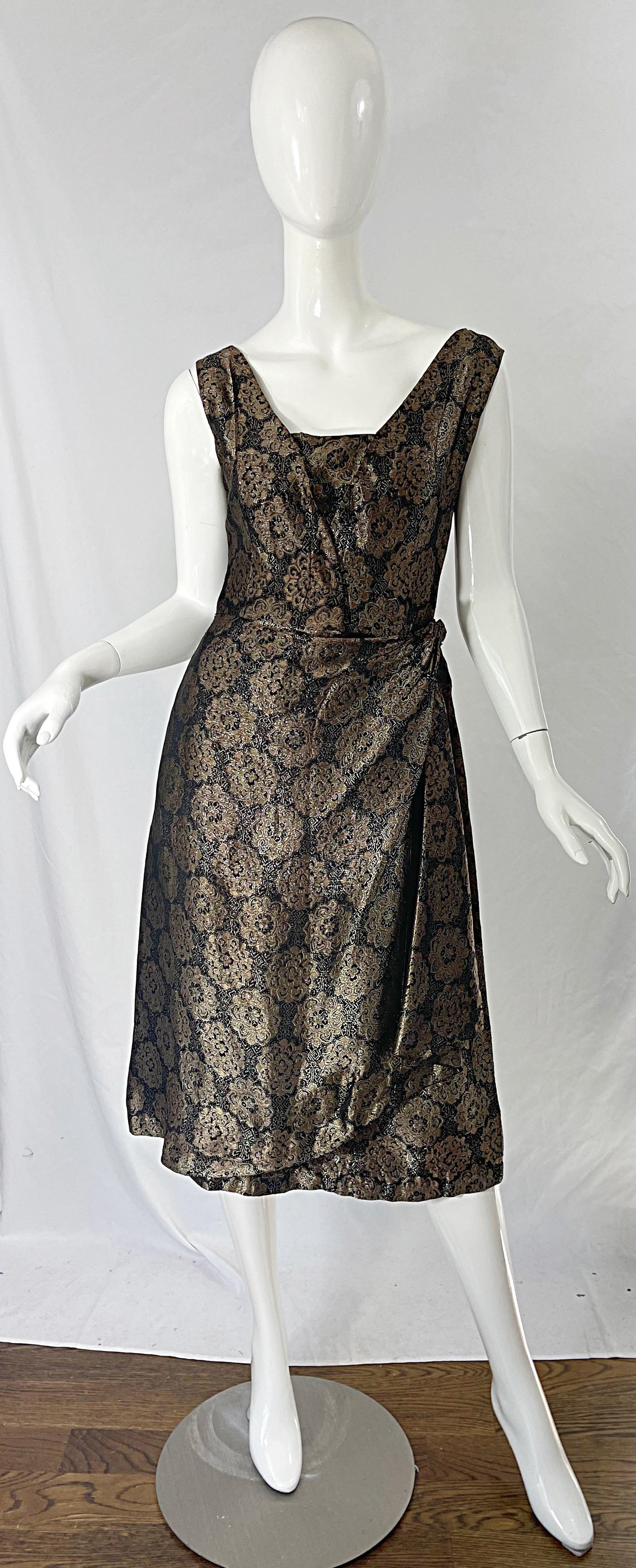 1950s Nina Ricci Couture Brown + Black Medallion Print Silk Vintage 50s Dress For Sale 8