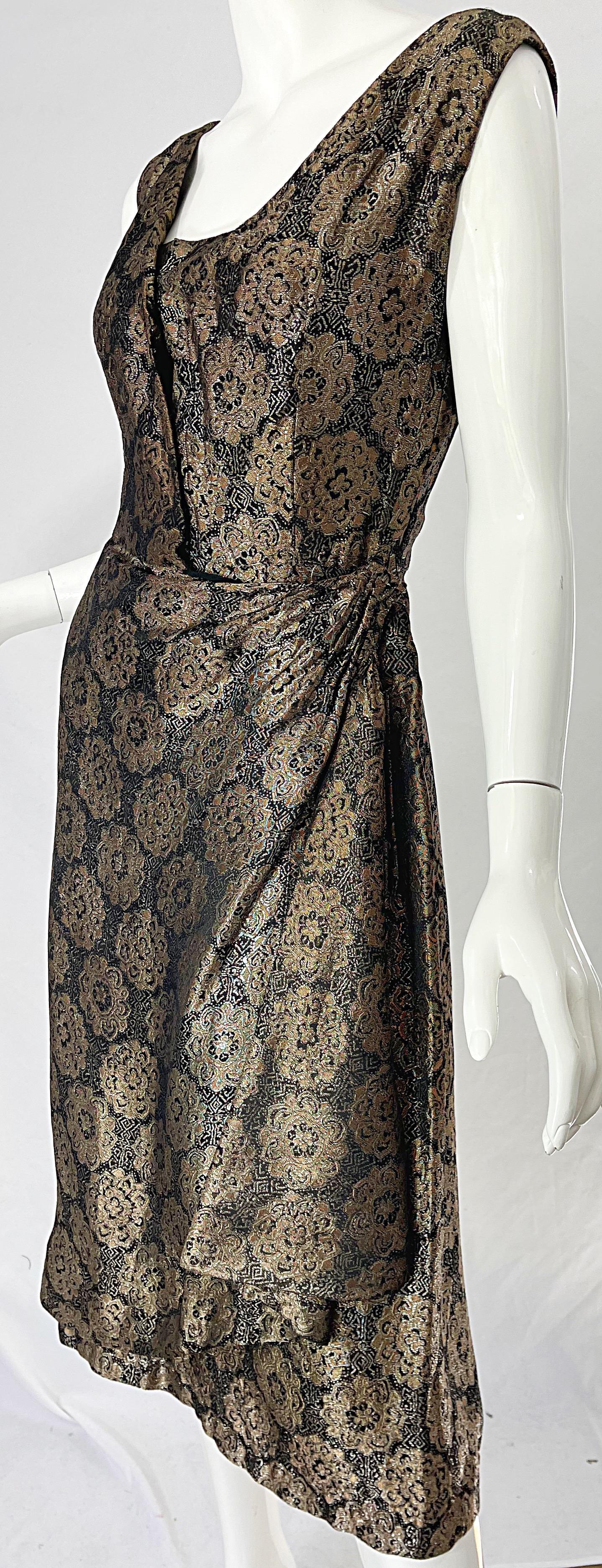 1950s Nina Ricci Couture Brown + Black Medallion Print Silk Vintage 50s Dress For Sale 4