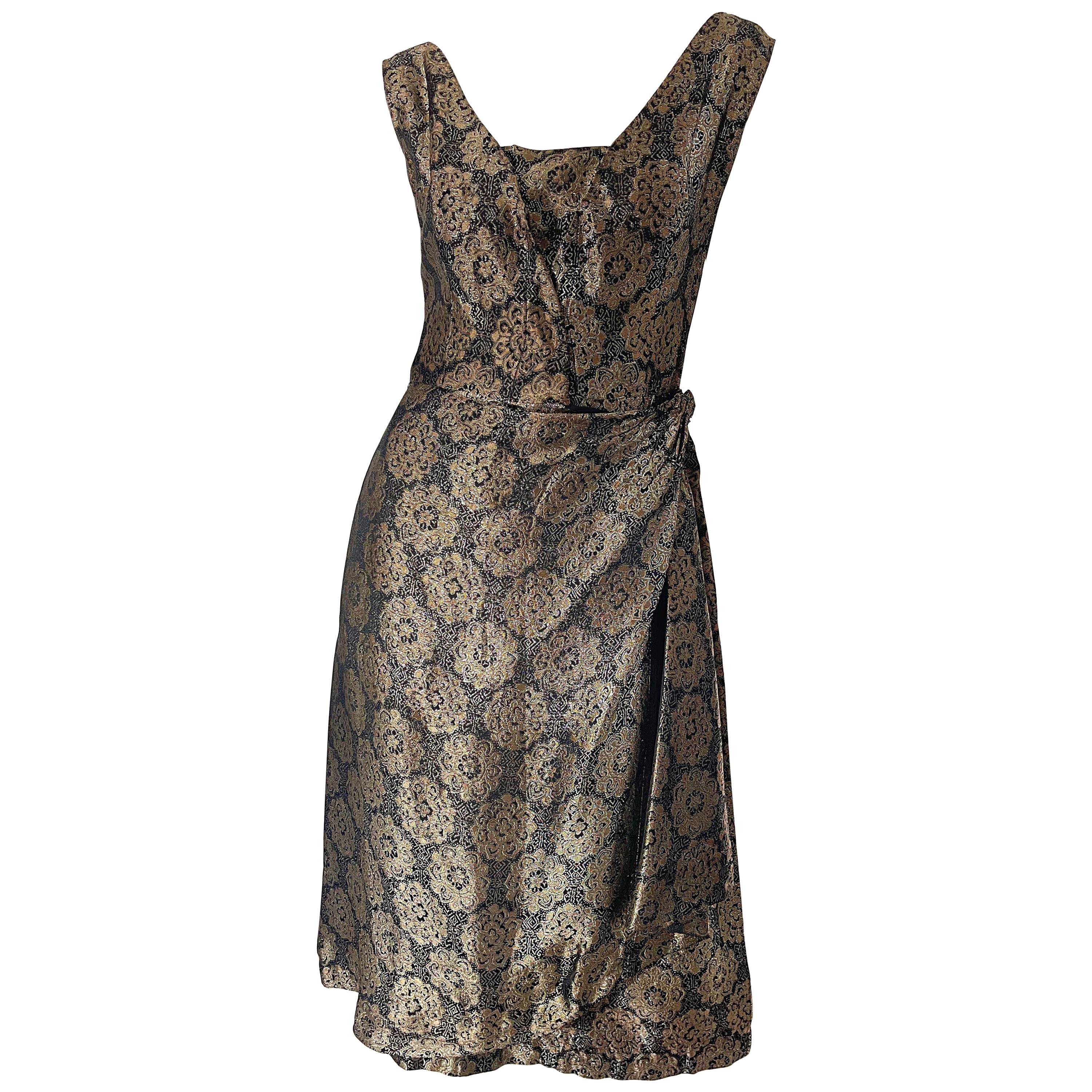 1950s Nina Ricci Couture Brown + Black Medallion Print Silk Vintage 50s Dress For Sale