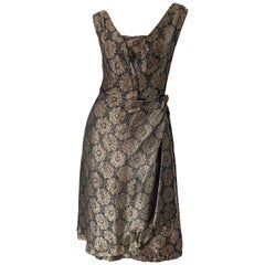 1950s Nina Ricci Couture Brown + Black Medallion Print Silk Retro 50s Dress