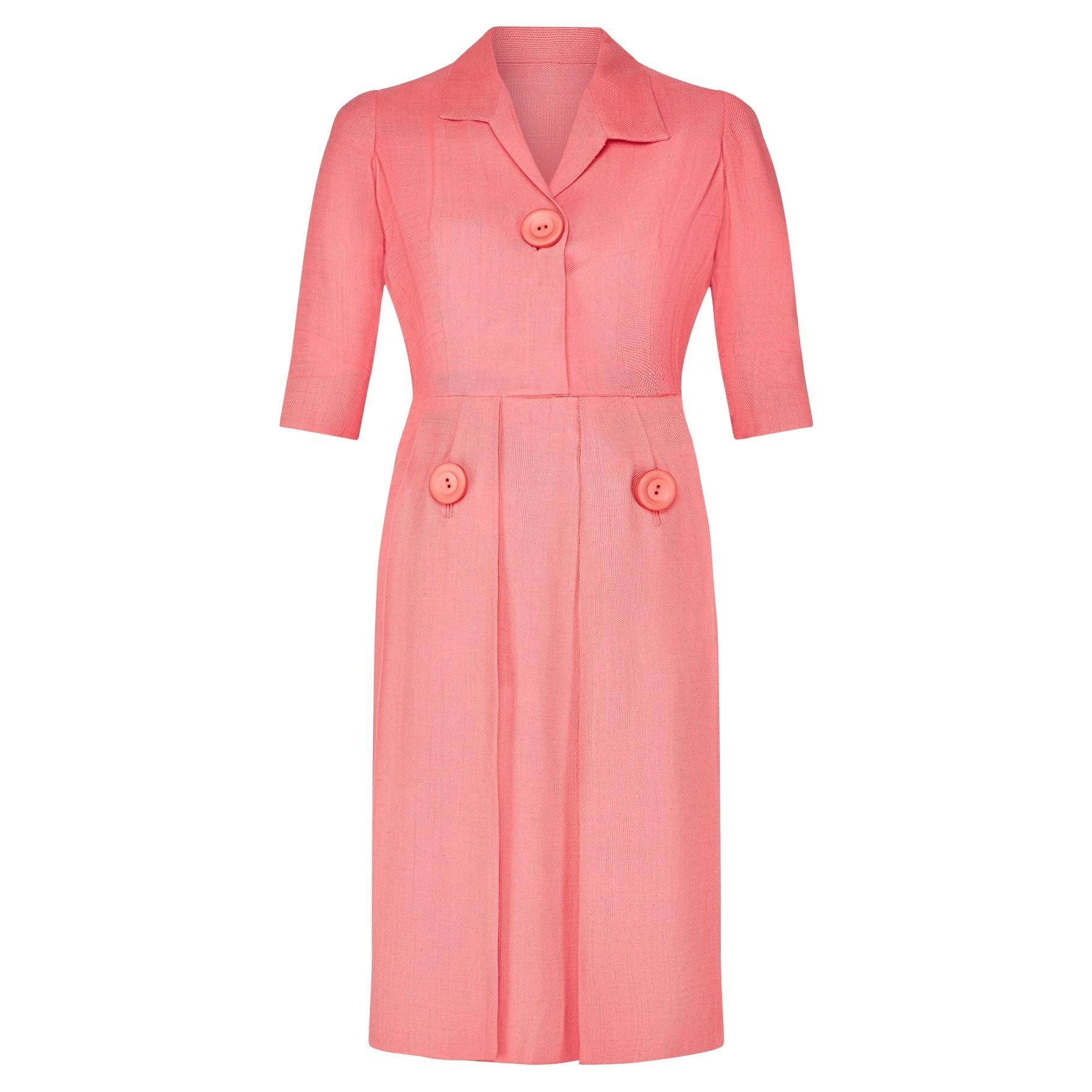 1950s Nina Ricci Pink Linen Midi-Dress