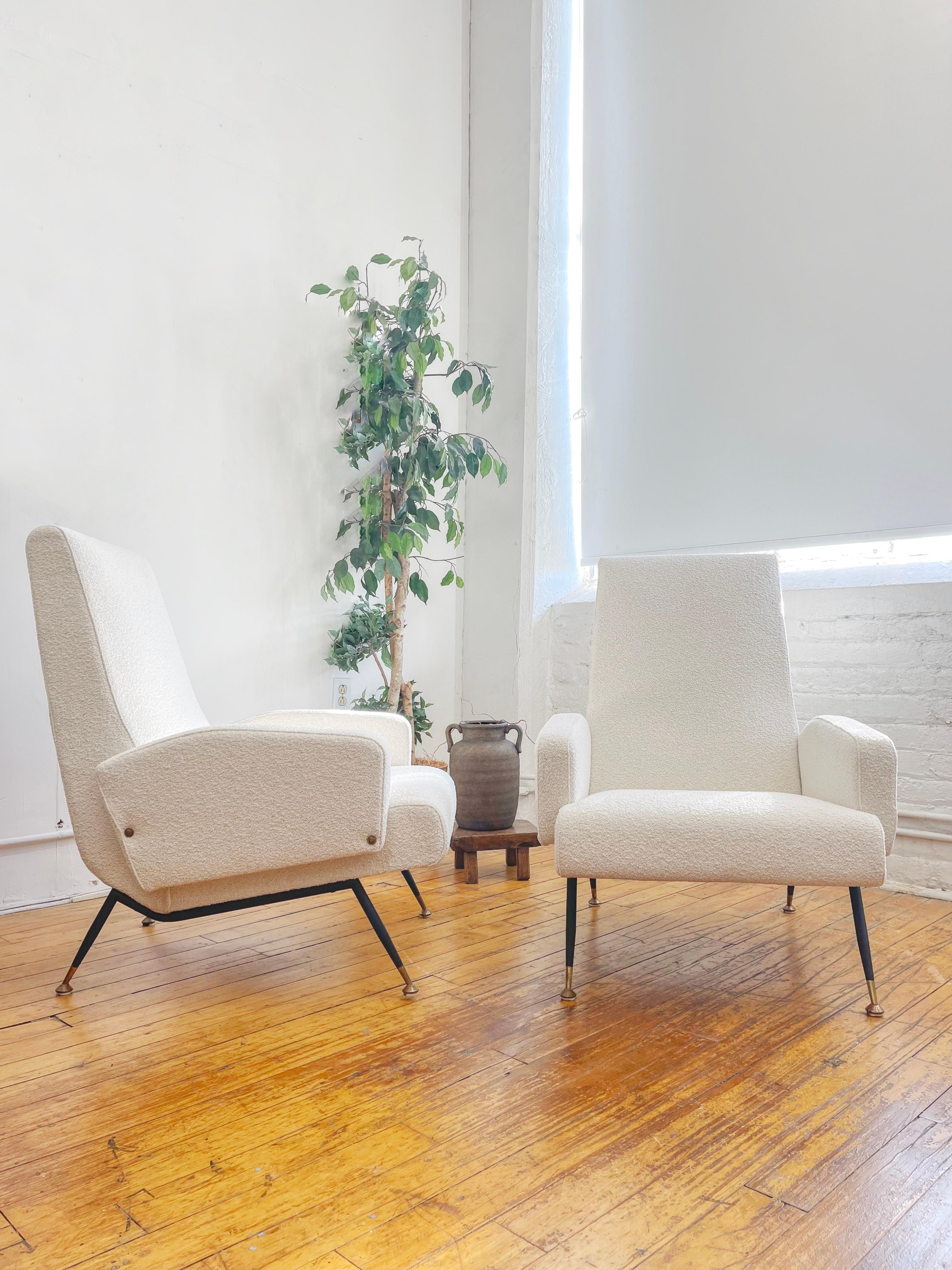 1950s Nino Zoncada Italian Lounge Chairs, Newly Upholstered in White Boucle 9