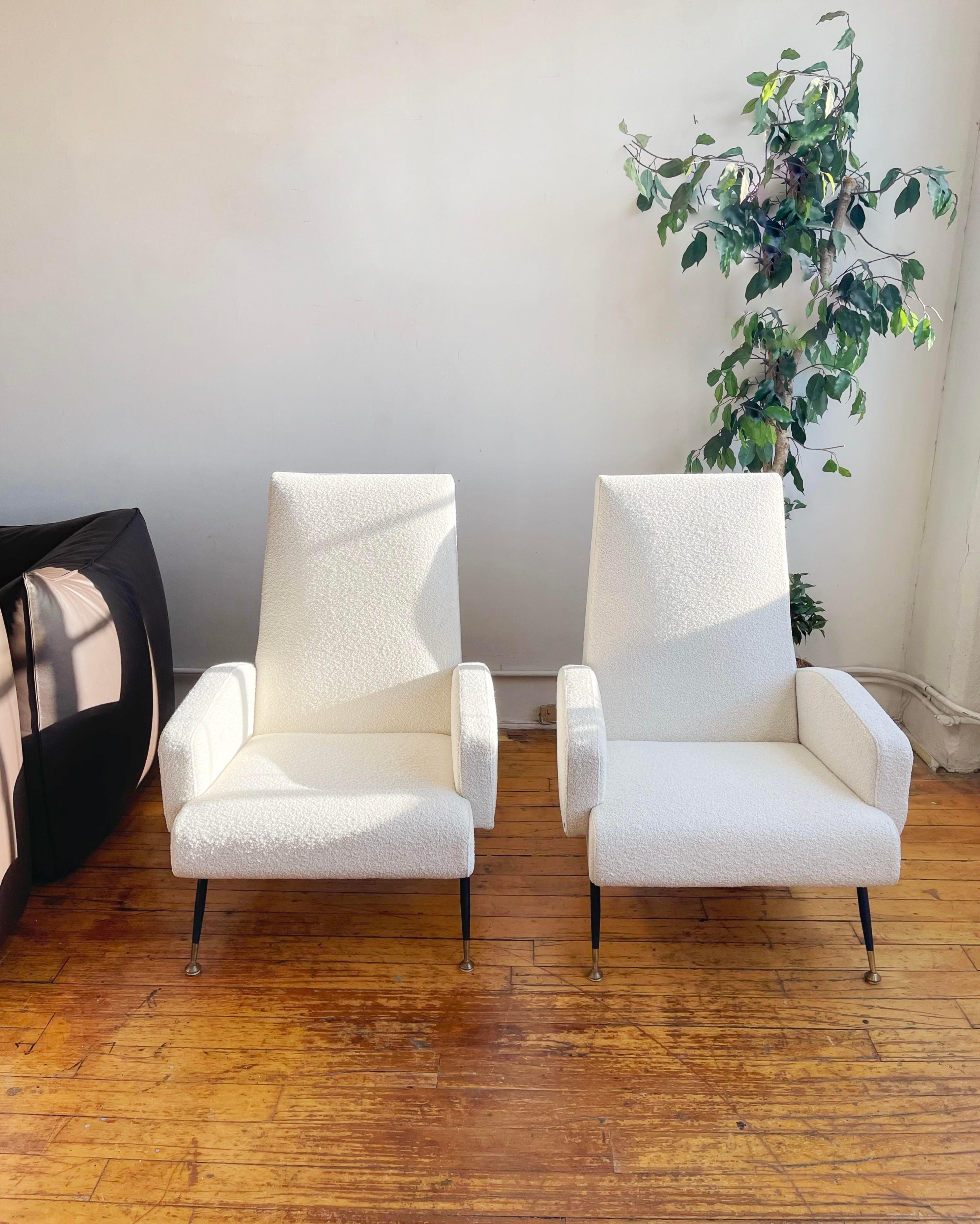 Fabric 1950s Nino Zoncada Italian Lounge Chairs, Newly Upholstered in White Boucle For Sale