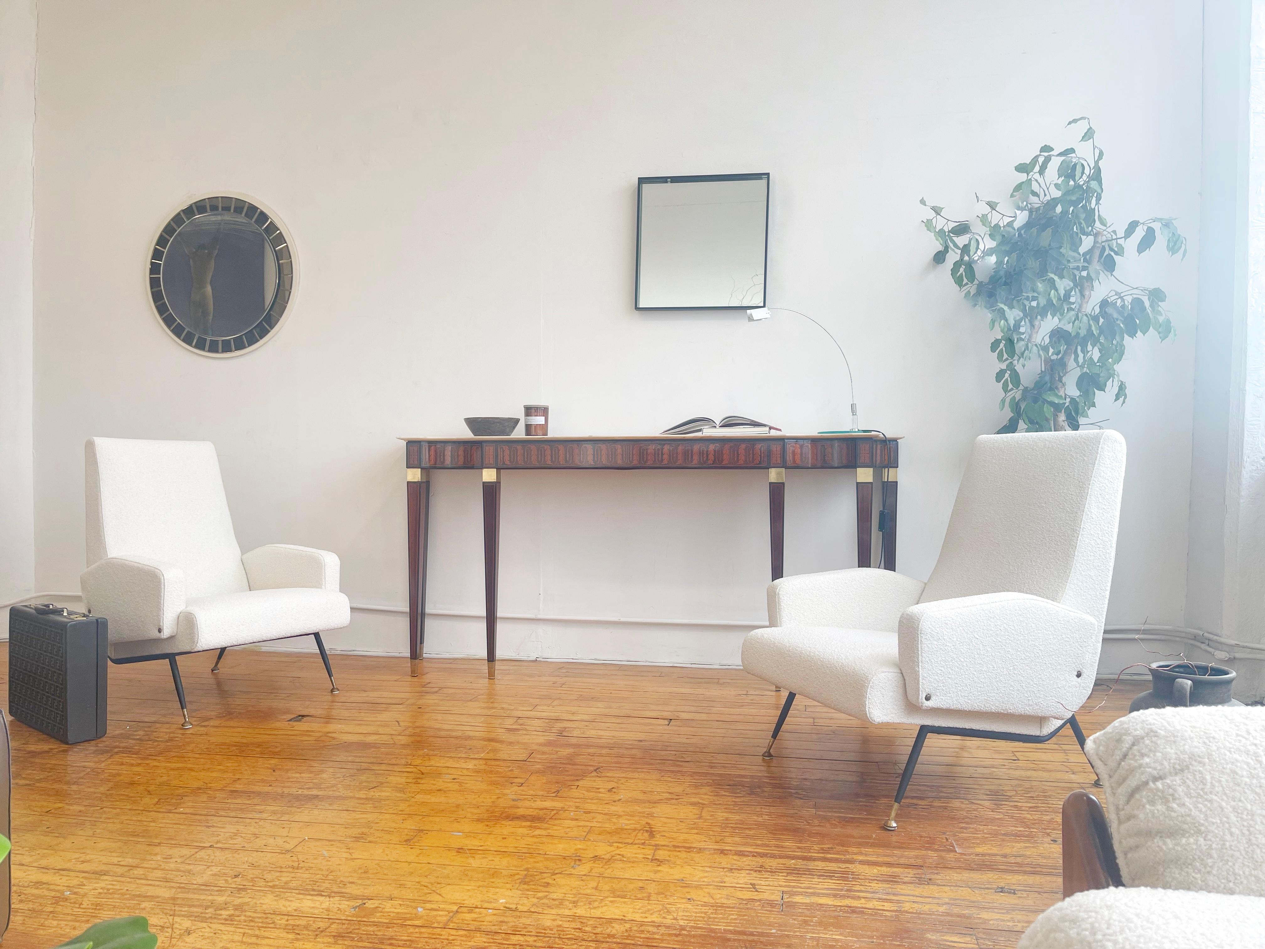 1950s Nino Zoncada Italian Lounge Chairs, Newly Upholstered in White Boucle 1