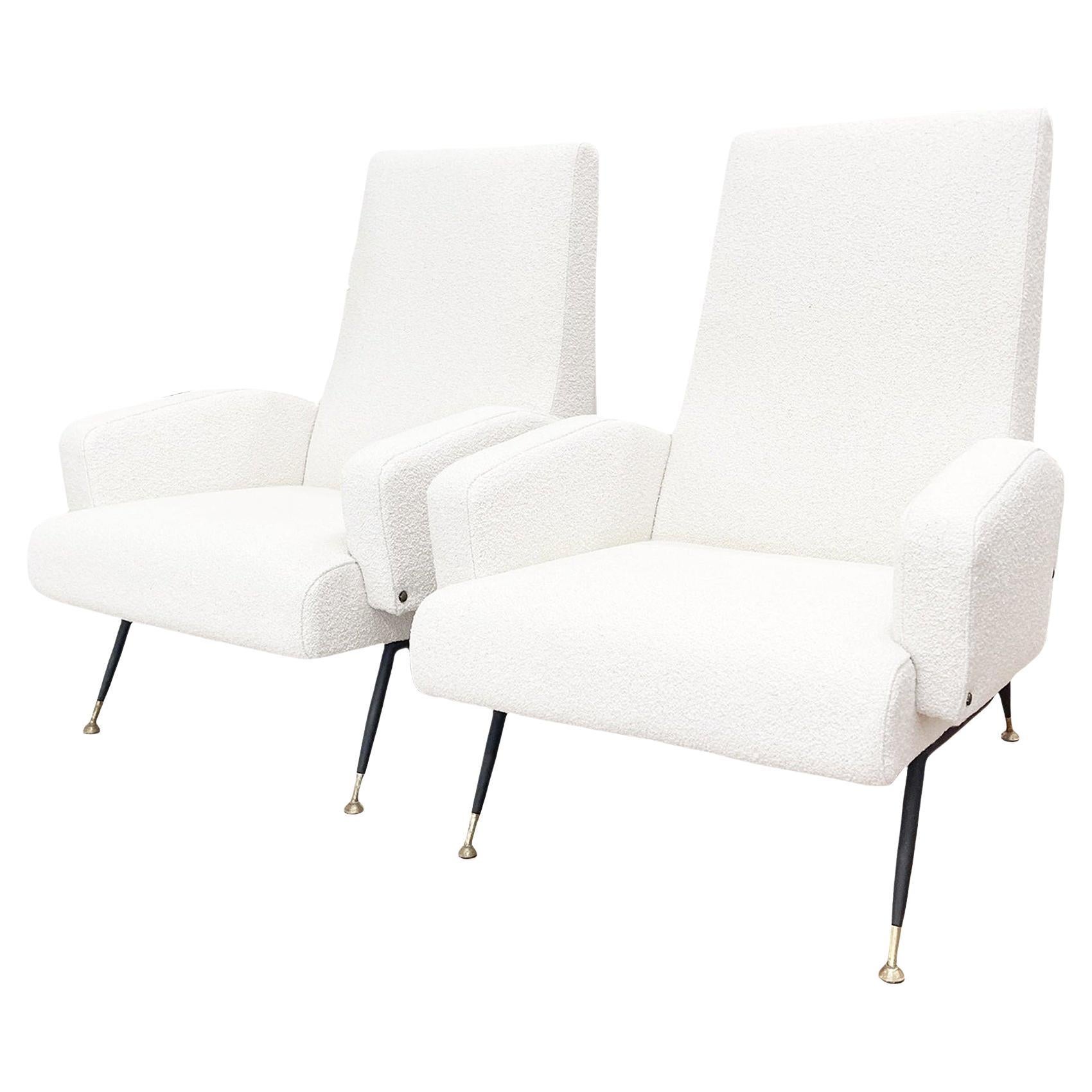 1950s Nino Zoncada Italian Lounge Chairs, Newly Upholstered in White Boucle For Sale