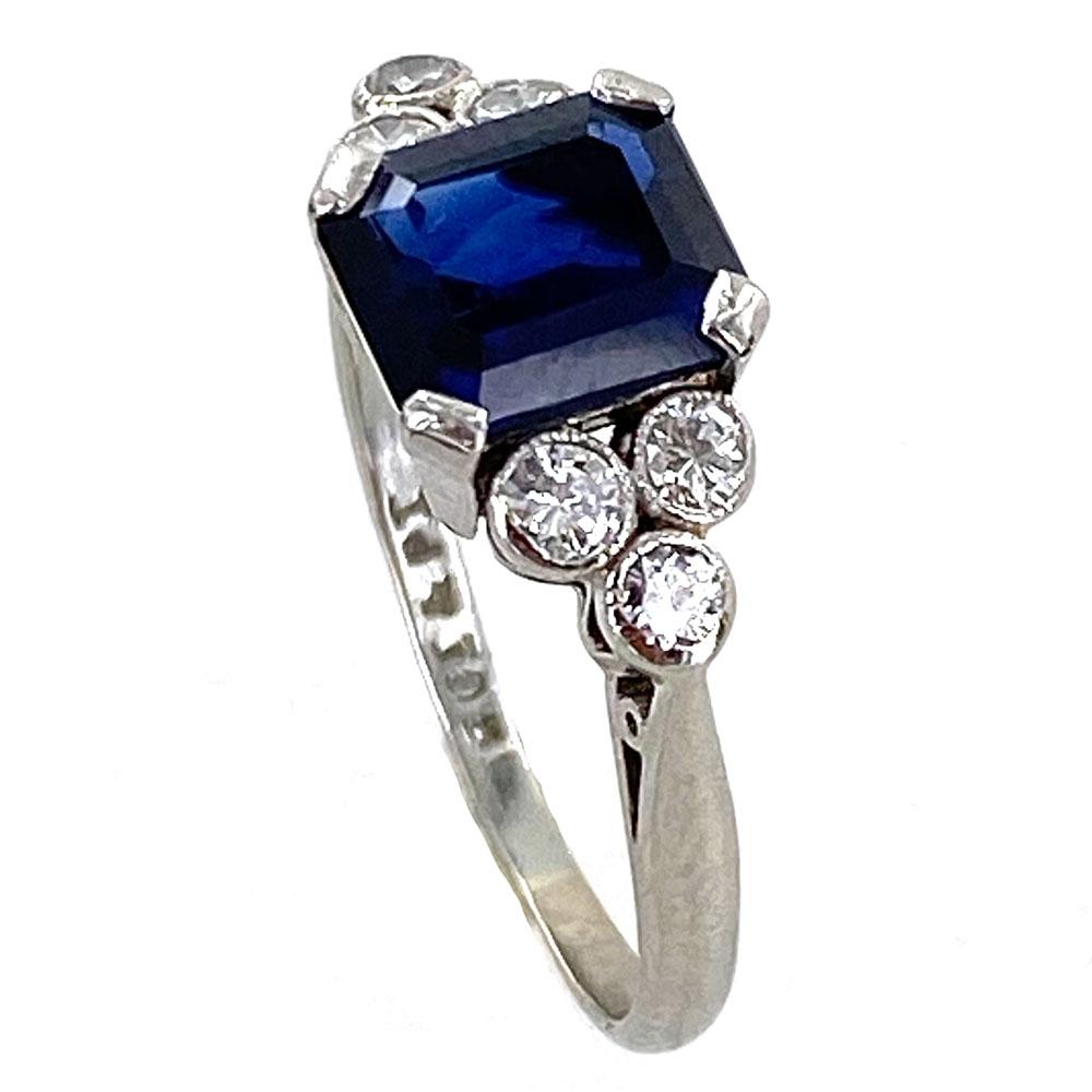 Art Deco 1950s No Heat Blue Sapphire Diamond 18 Karat White Estate Gold Ring