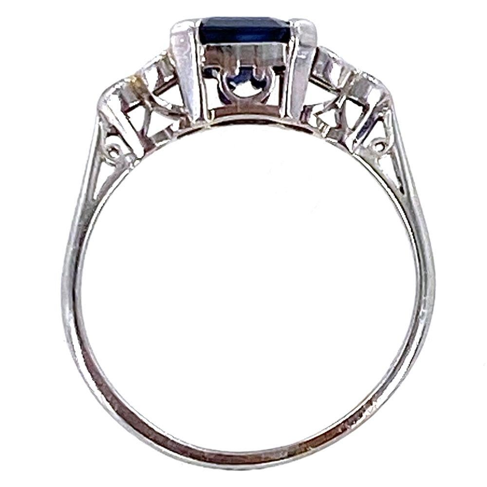 Emerald Cut 1950s No Heat Blue Sapphire Diamond 18 Karat White Estate Gold Ring