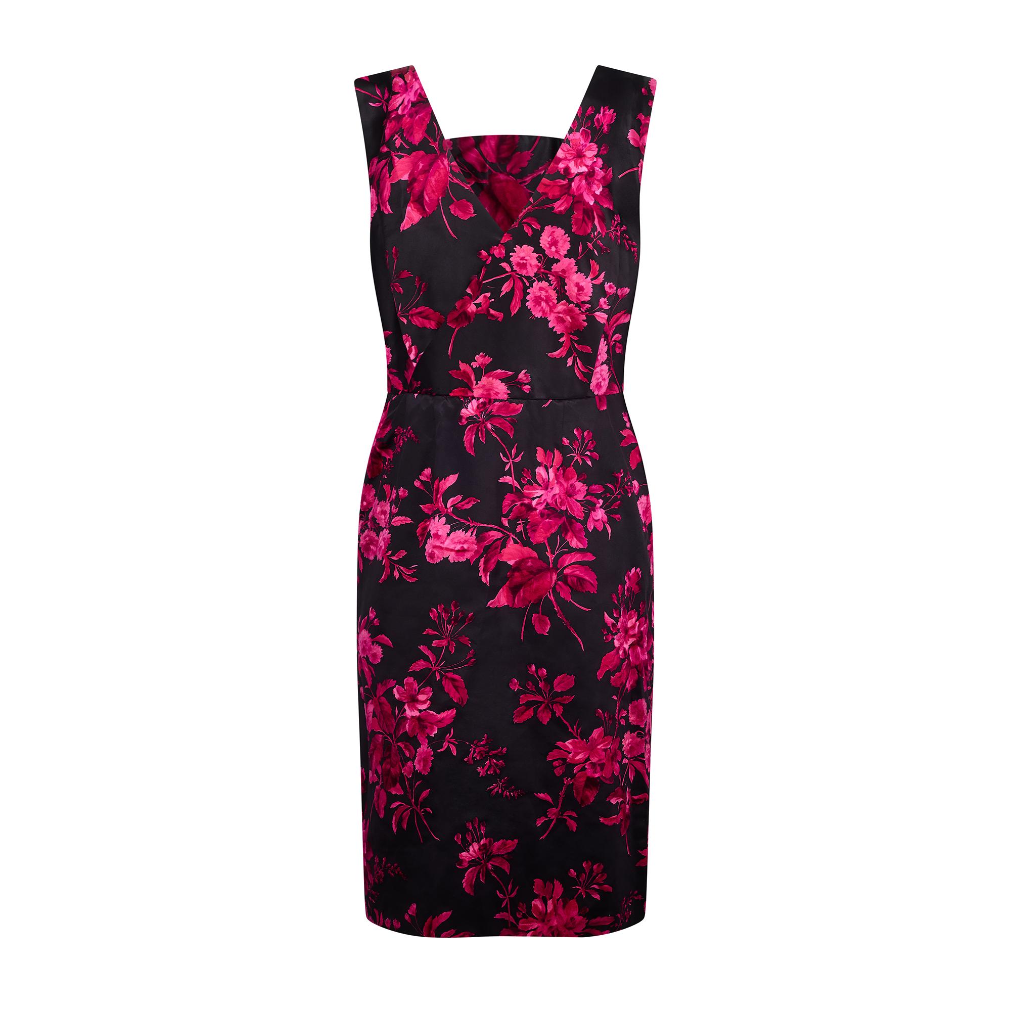 Noir Robe en soie noire et imprimé floral rose de Norman Hartnell Couture des années 1950 en vente