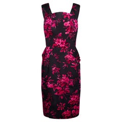 1950s Norman Hartnell Couture Black Silk and Pink Floral Print Dress