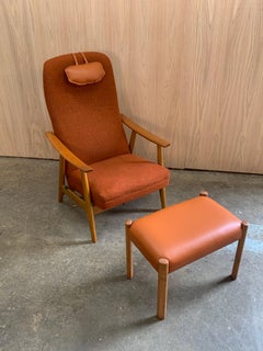 1950s Norwegian High-Back Reclining Lounge Chair & Ottoman