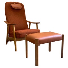1950s Norwegian High-Back Reclining Lounge Chair & Ottoman