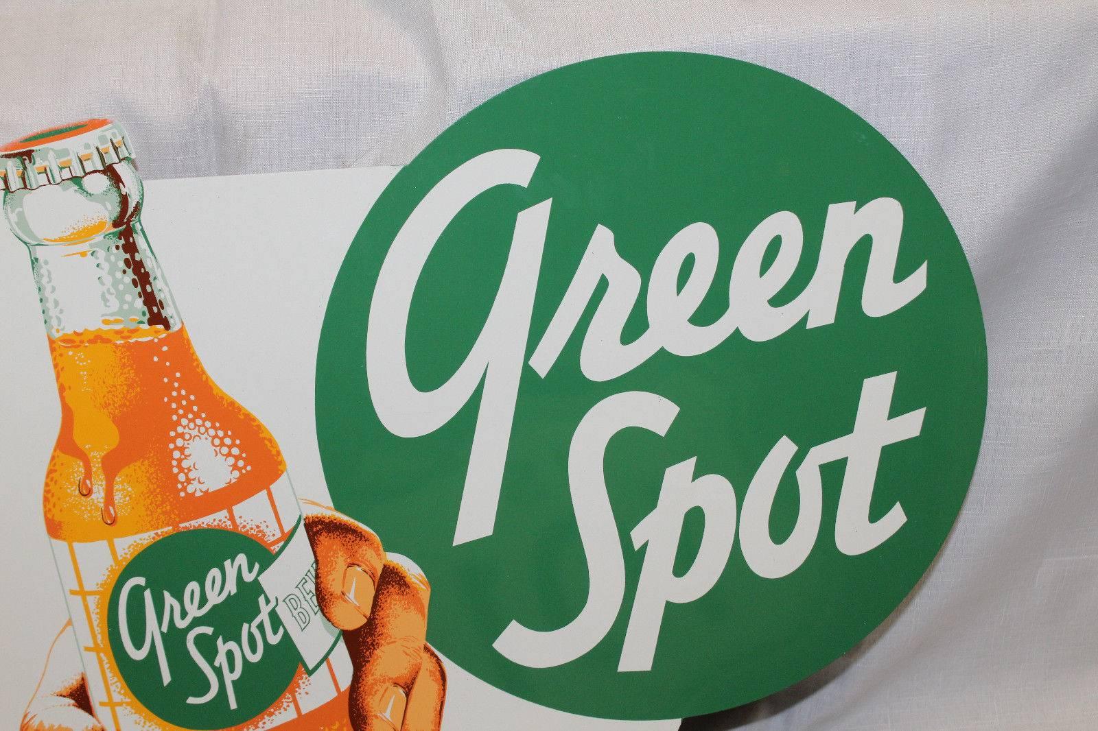 1950s NOS Green Spot Orange Soda Double-Sided Advertising Tin Flange Sign For Sale 1