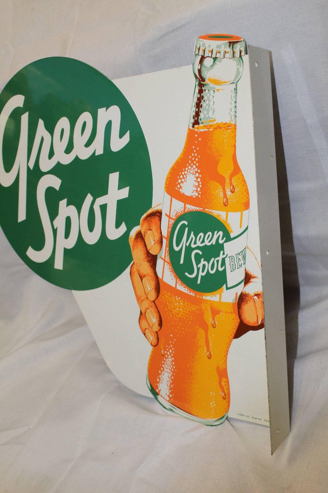 1950s NOS Green Spot Orange Soda Double-Sided Advertising Tin Flange Sign For Sale 2