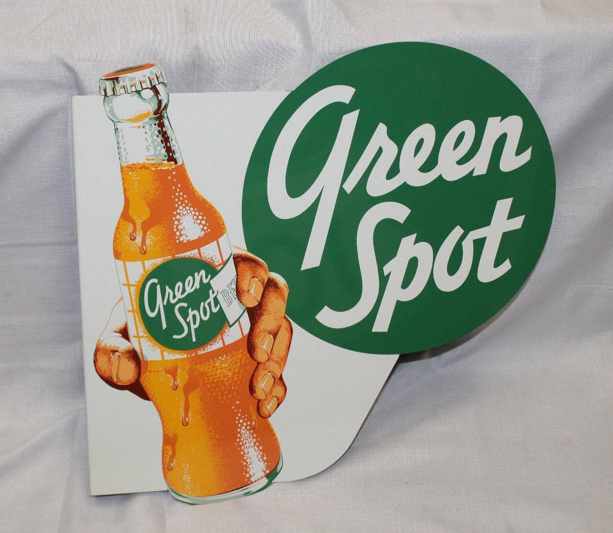 American 1950s NOS Green Spot Orange Soda Double-Sided Advertising Tin Flange Sign For Sale