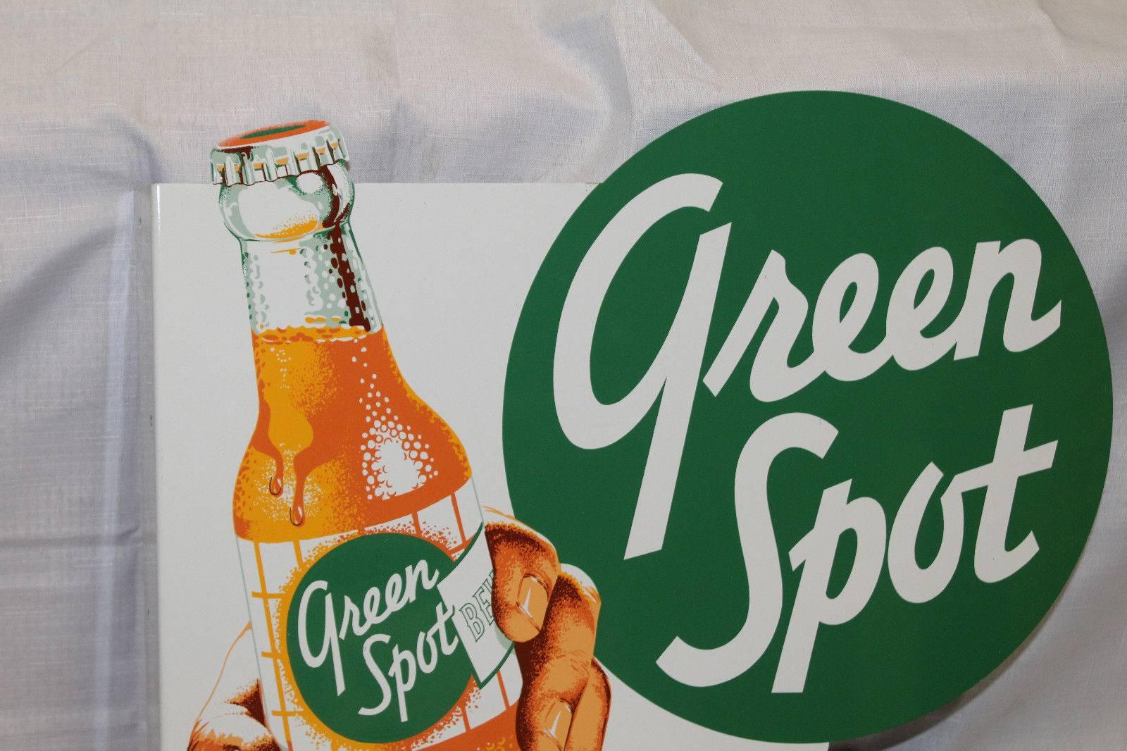 Mid-20th Century 1950s NOS Green Spot Orange Soda Double-Sided Advertising Tin Flange Sign For Sale