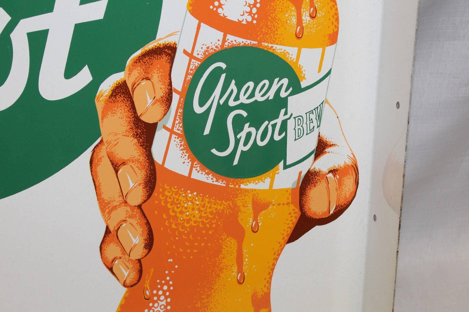 1950s NOS Green Spot Orange Soda Double-Sided Advertising Tin Flange Sign For Sale 2