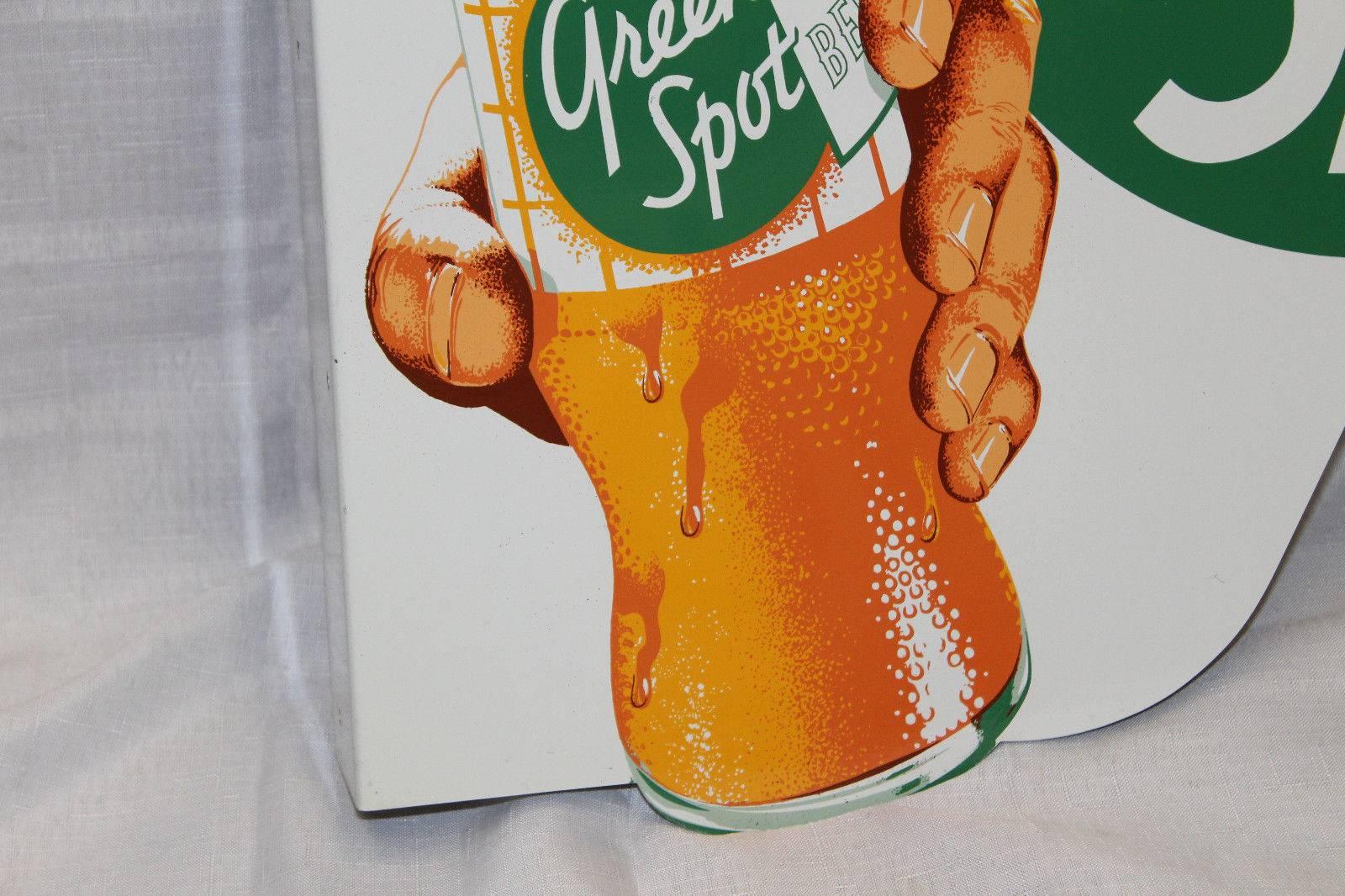 Metal 1950s NOS Green Spot Orange Soda Double-Sided Advertising Tin Flange Sign For Sale