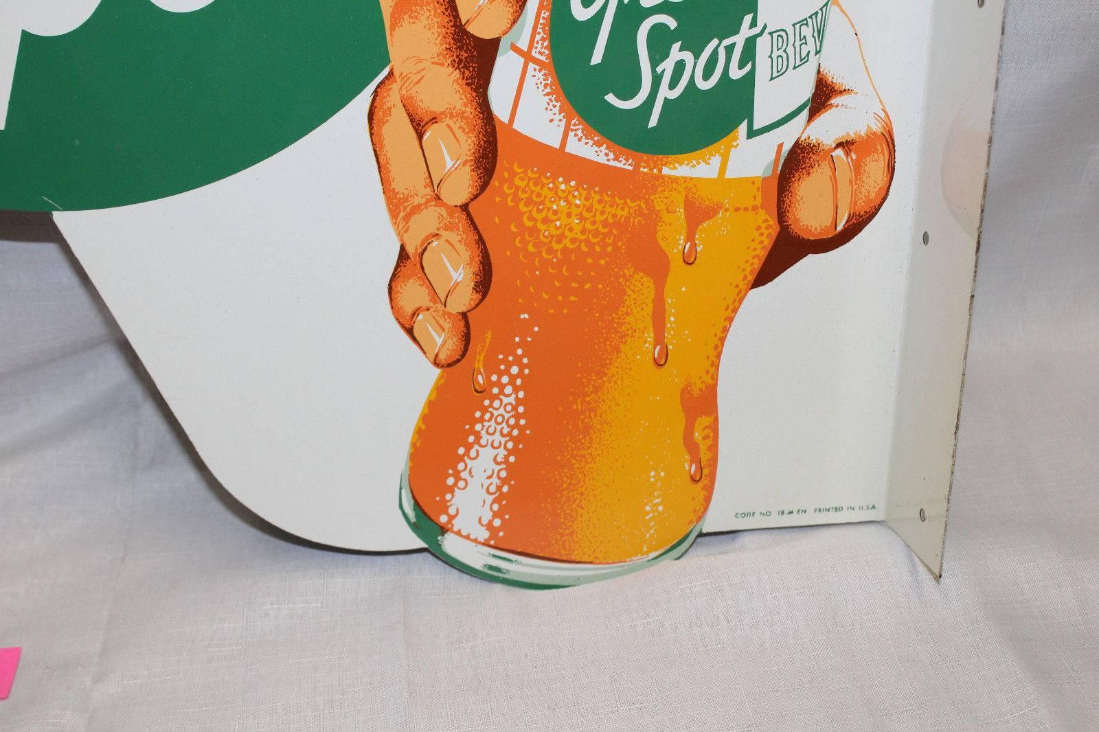 1950s NOS Green Spot Orange Soda Double-Sided Advertising Tin Flange Sign For Sale 3