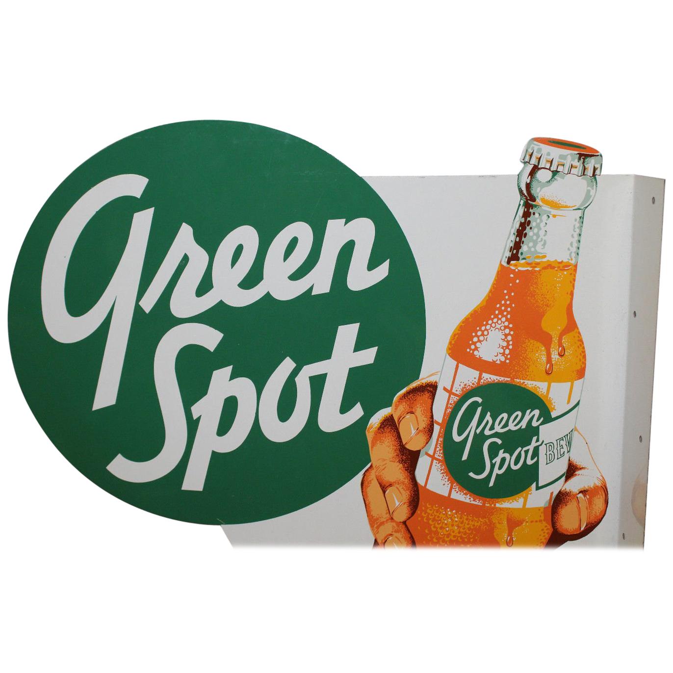 1950s NOS Green Spot Orange Soda Double-Sided Advertising Tin Flange Sign For Sale