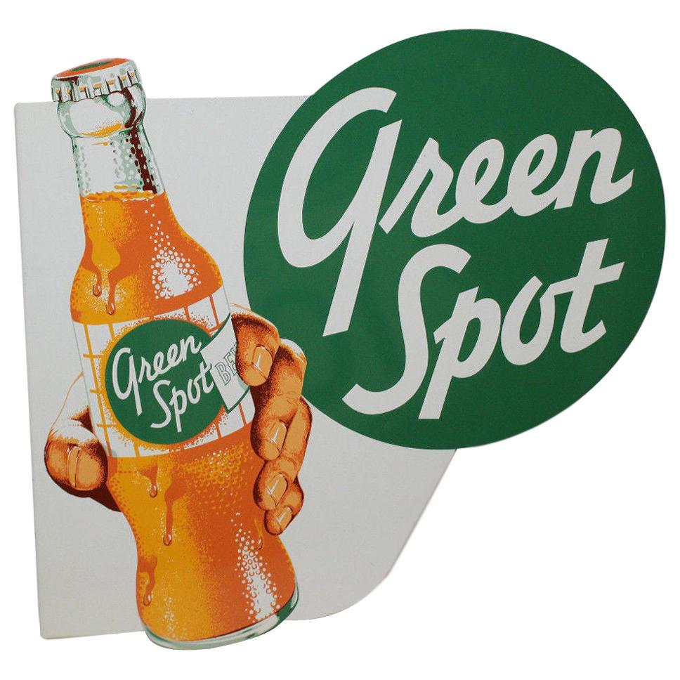 1950s NOS Green Spot Orange Soda Double-Sided Advertising Tin Flange Sign For Sale