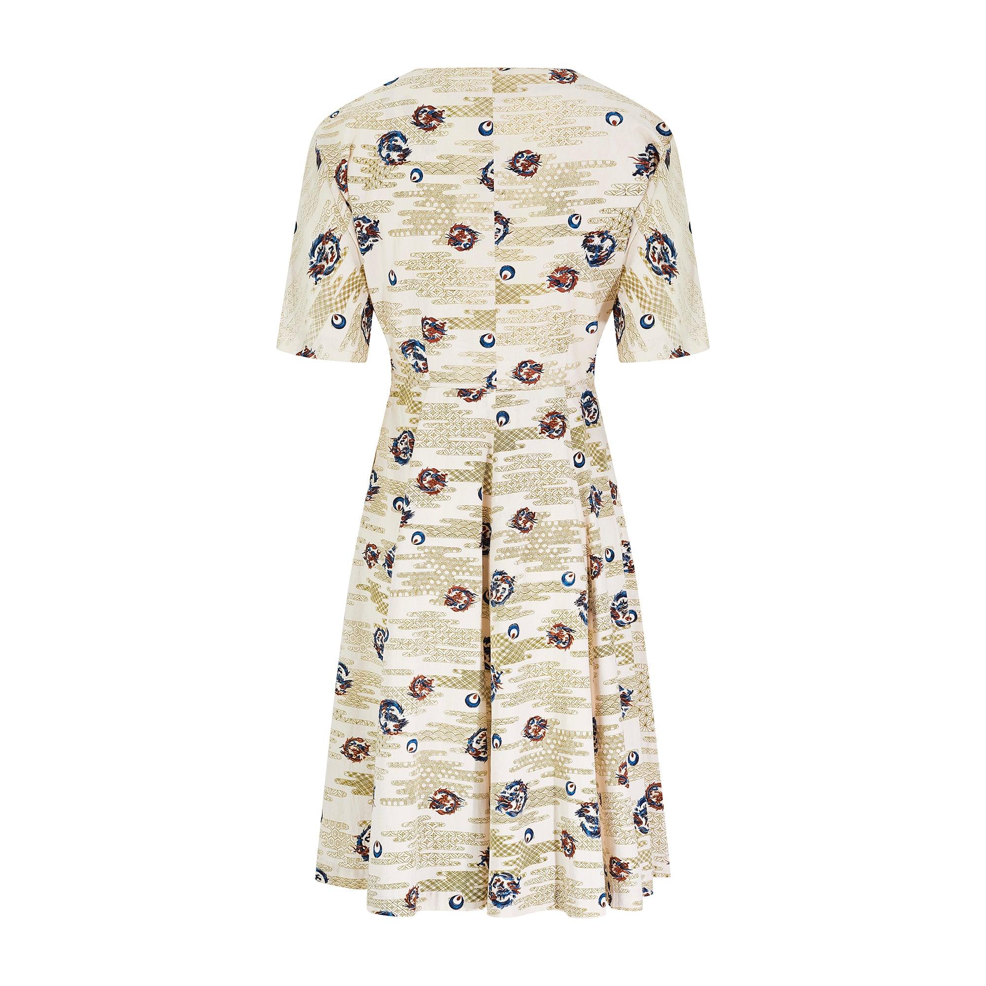 Beige 1950s Novelty Dragon Print Cotton Dress For Sale